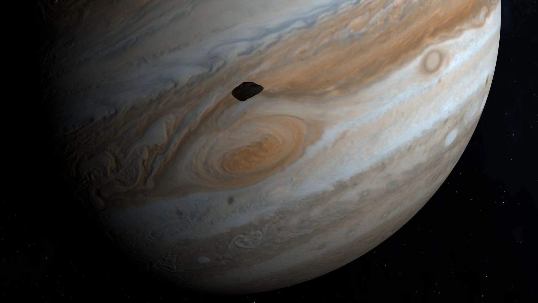 Jupiter und einer seiner vielen Monde in einer 3D-Grafik.