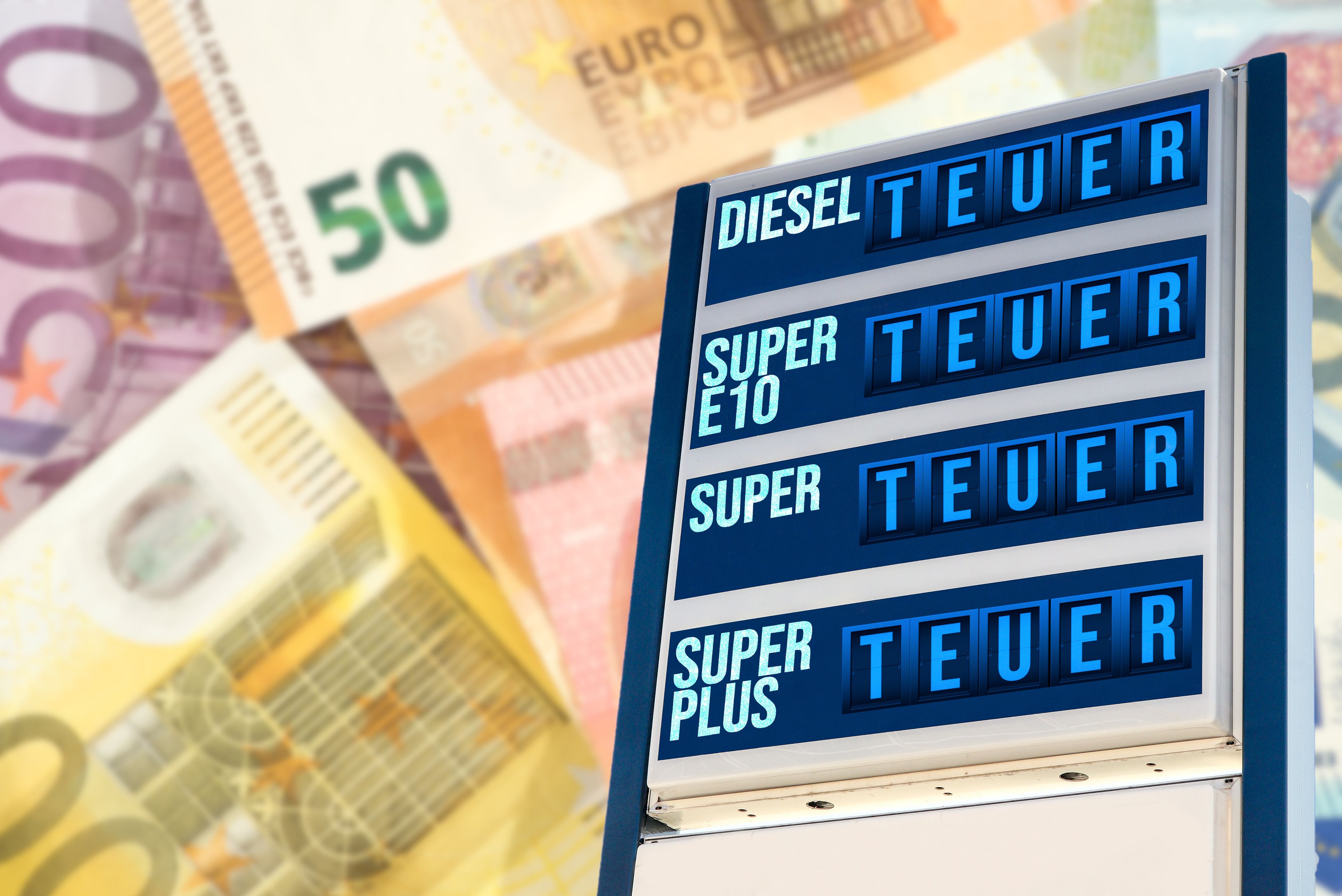 Petrol station with price indication Expensive and Euro banknotes