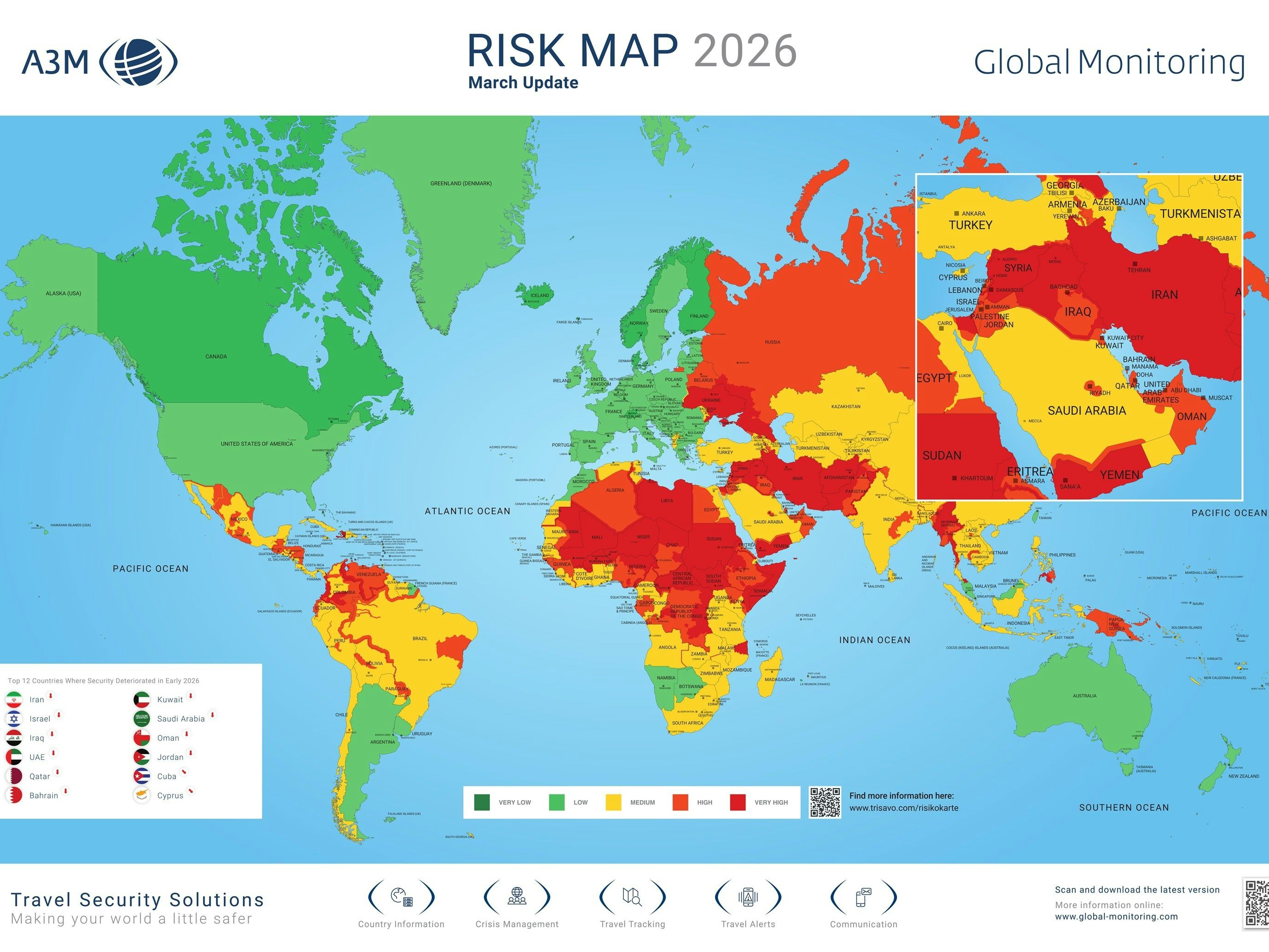 Es gibt deutliche Hochstufungen im Nahen Osten, aber auch überraschenden Neubewertungen in Europa, der Karibik und der Arktis.