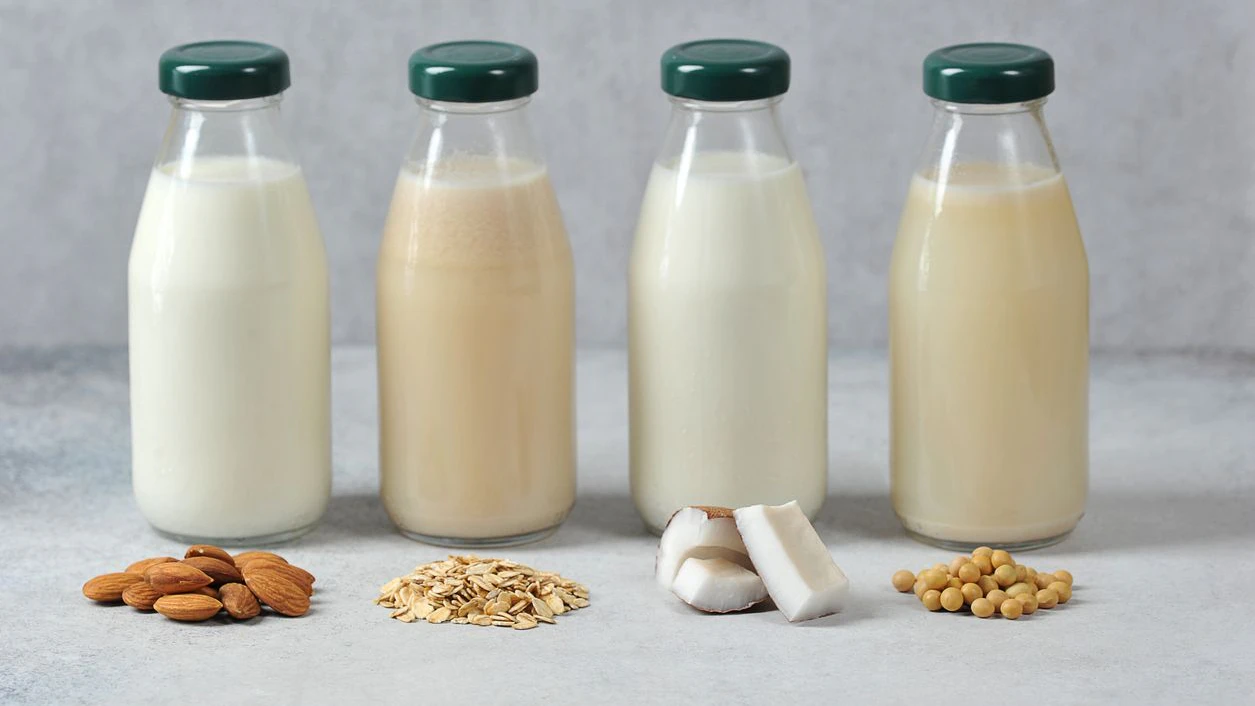 Concept alternative to cow's milk.  Bottles with coconut, oat, soy and almond milk.  Next to the bottles are pieces of coconut, almonds, oatmeal and soybeans.  Light background.  Close-up.