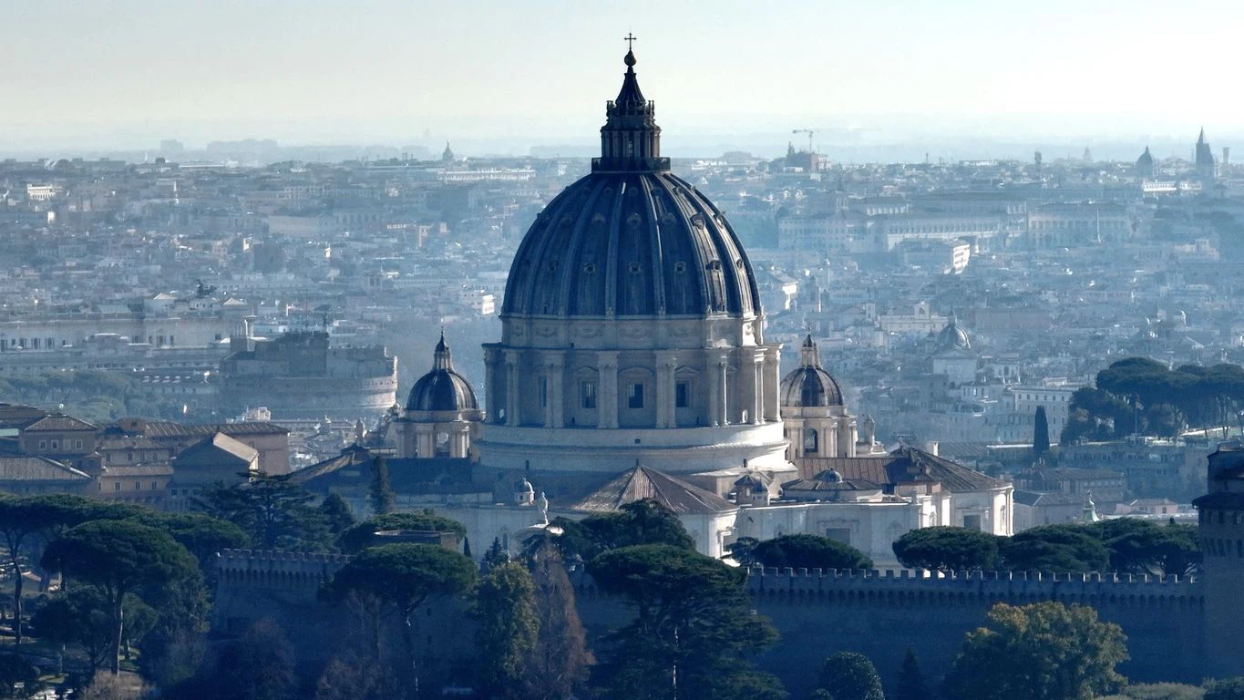 Rome, Italy - 29 January 2025: Aerial view, of the Basilica and in the background the city of Rome.
