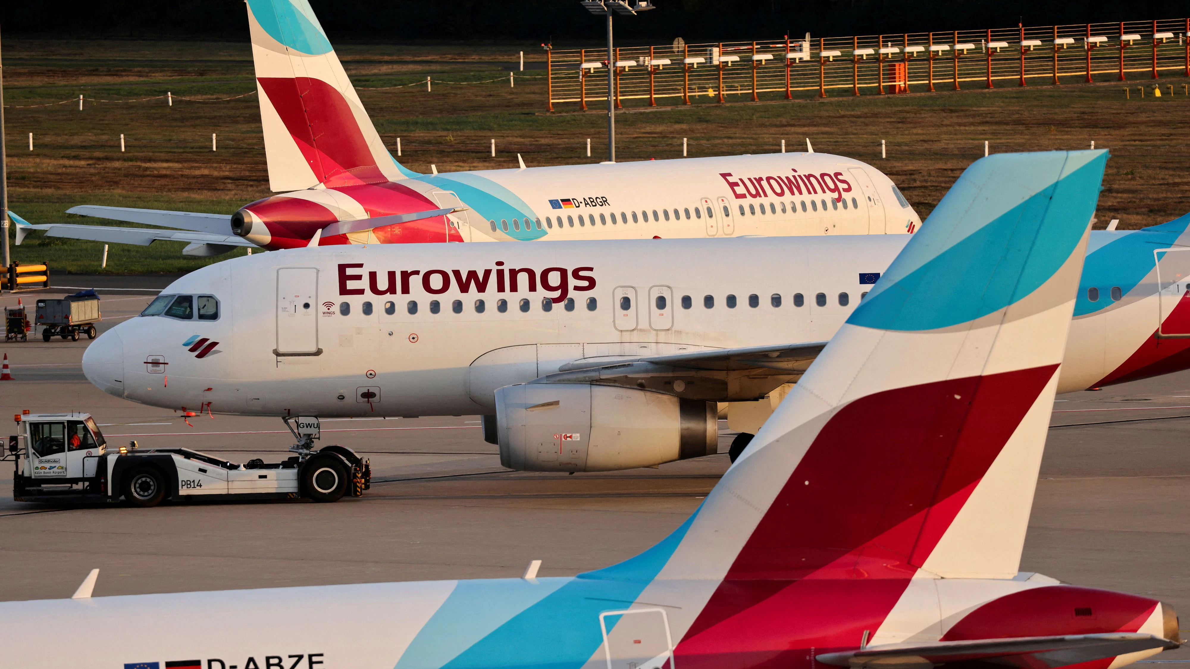 Aircrafts of Lufthansa's budget airline Eurowings stand on the tarmac of the Cologne-Bonn airport as Eurowings pilots go on a three-day strike, in Cologne, Germany, October, 17, 2022. REUTERS/Thilo Schmuelgen