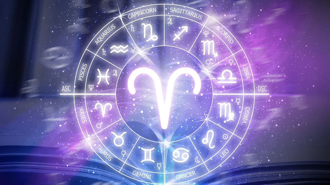 Aries zodiac sign. Abstract night sky background. Aries icon on blue space background. Zodiac circle on a dark blue background of the space. Astrology. Cosmogram. twelve signs of the zodiac