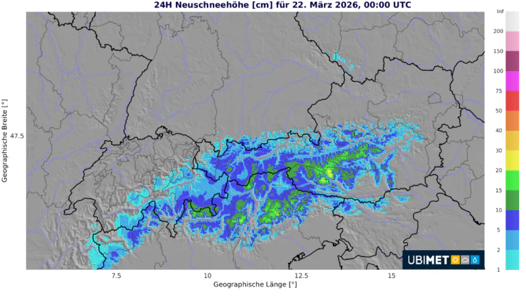 24-stündige Neuschneemengen für Samstag, den 21.03.2026