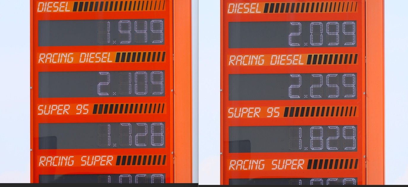 Das Foto zeigt eine Tankstelle in Wels kurz vor und kurz nach Mittag. 