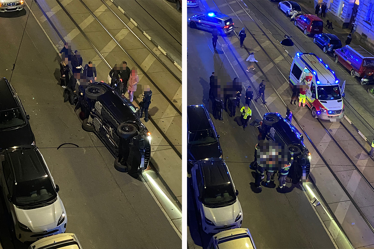 In der Nussdorfer Straße landete ein Maserati aus unbekannten Gründen auf der Fahrerseite.