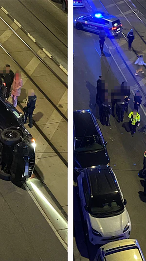 Maserati-Crash in Wien: Luxusauto kippt am Alsergrund um. Feuerwehr-Einsatz sorgt für Aufsehen. Ursache des spektakulären Unfalls noch unklar.