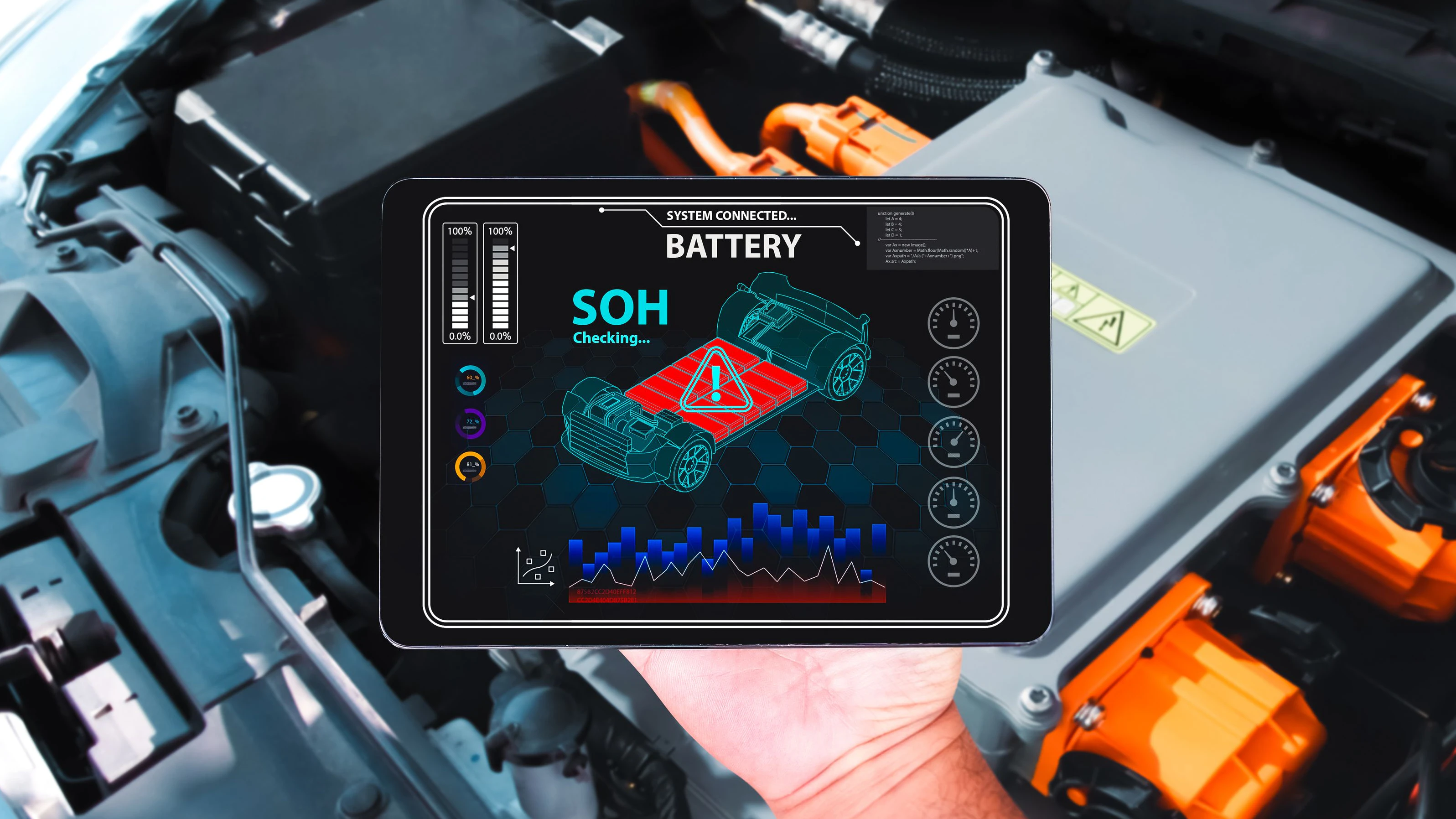 Car technician is checking SOH state of health of battery with a wireless scanner tools for electric car , Electric car repair concept