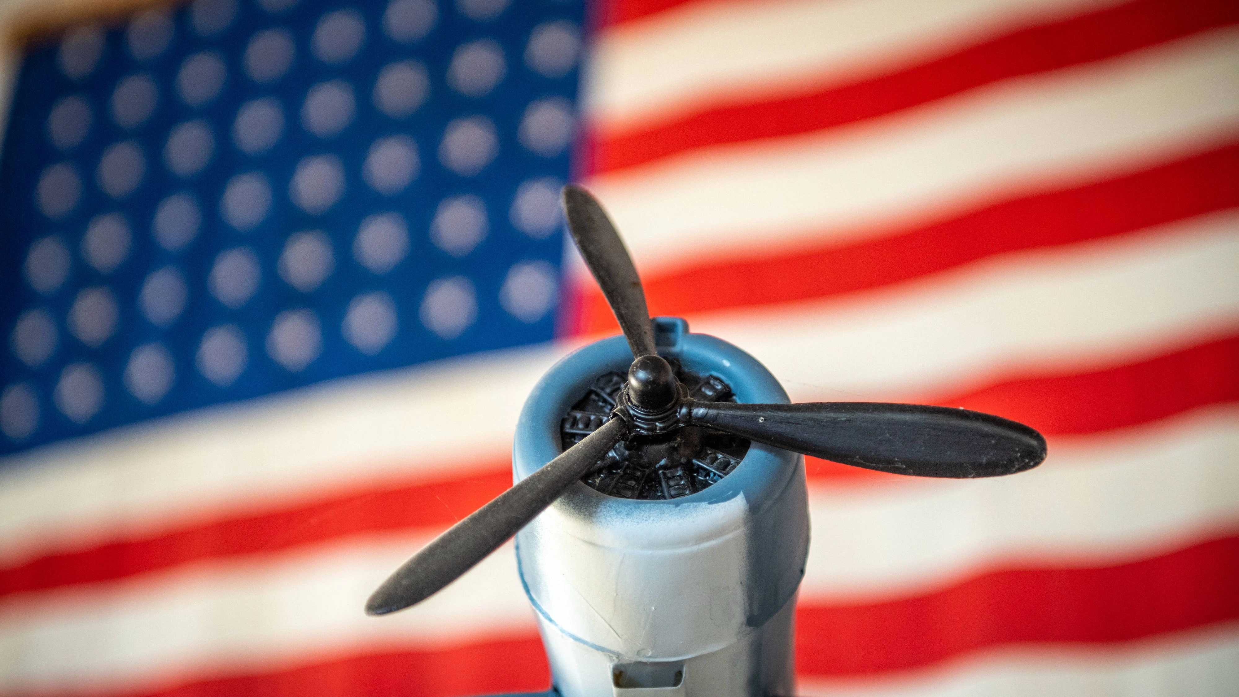 Toy plane in front of American Flag, Massey Airport, Massey, MD Massey Maryland USA Copyright: xEdwinxRemsbergx ere_remsberg_200930279 