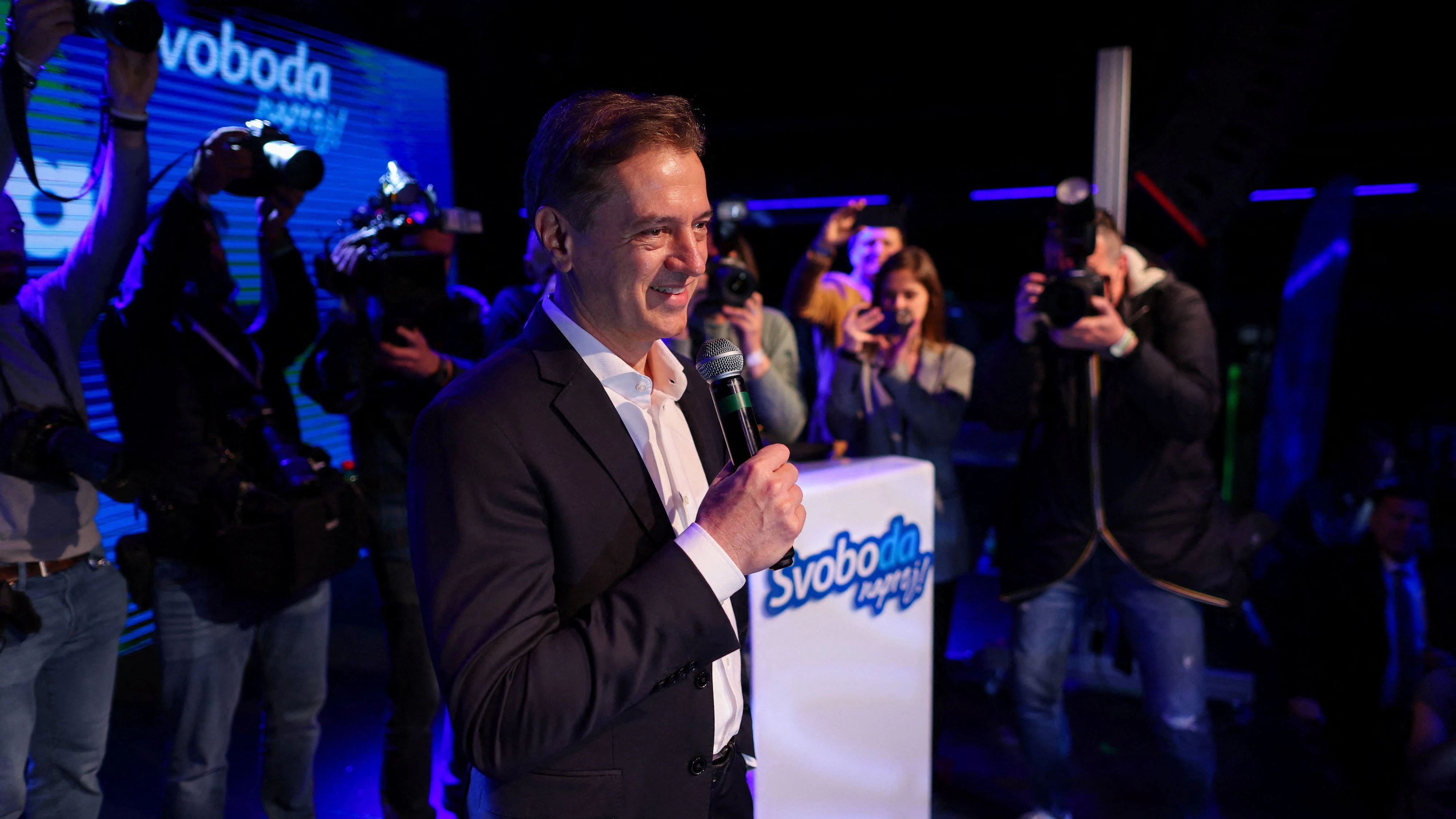 Slovenia's Prime Minister Robert Golob delivers a statement after the polls closed on the day of parliamentary elections in Ljubljana, Slovenia, March 22, 2026. REUTERS/Antonio Bronic