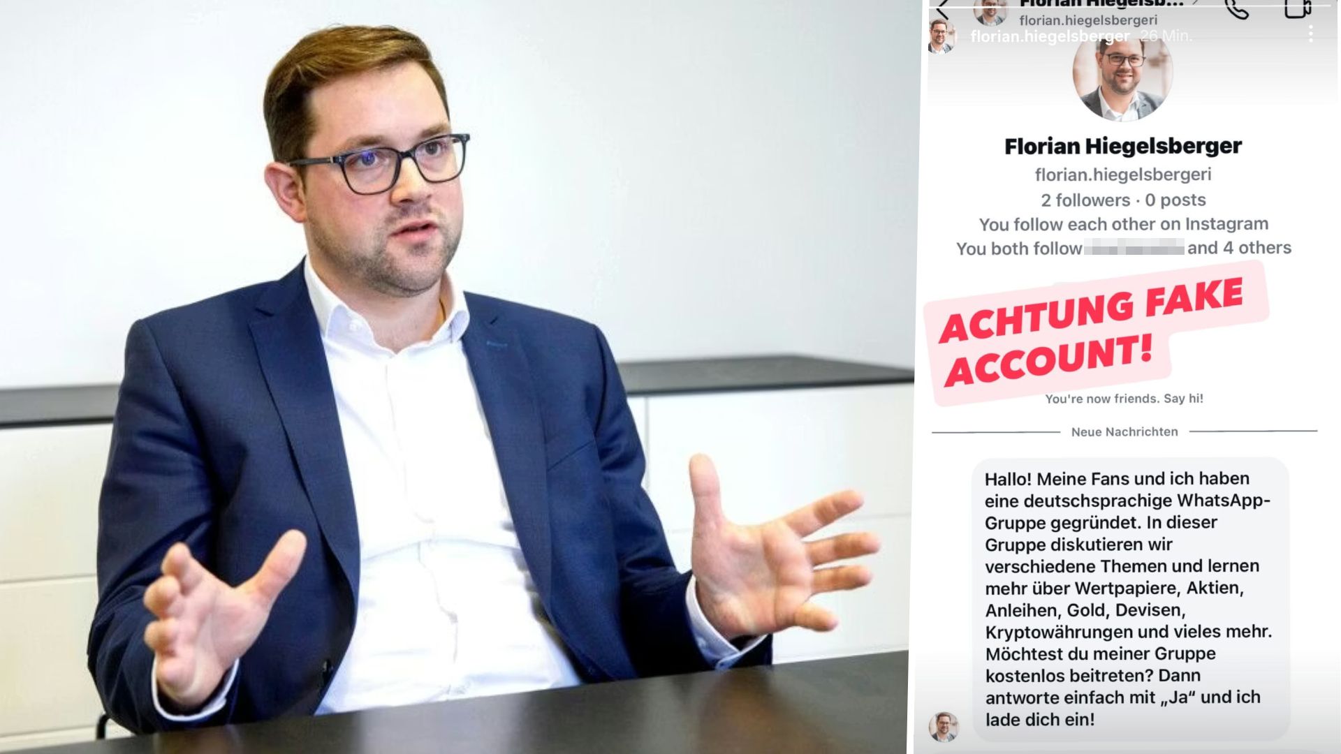 Der echte Florian Hiegelsberger teilte die Warnung über den Fake-Account auf Instagram.