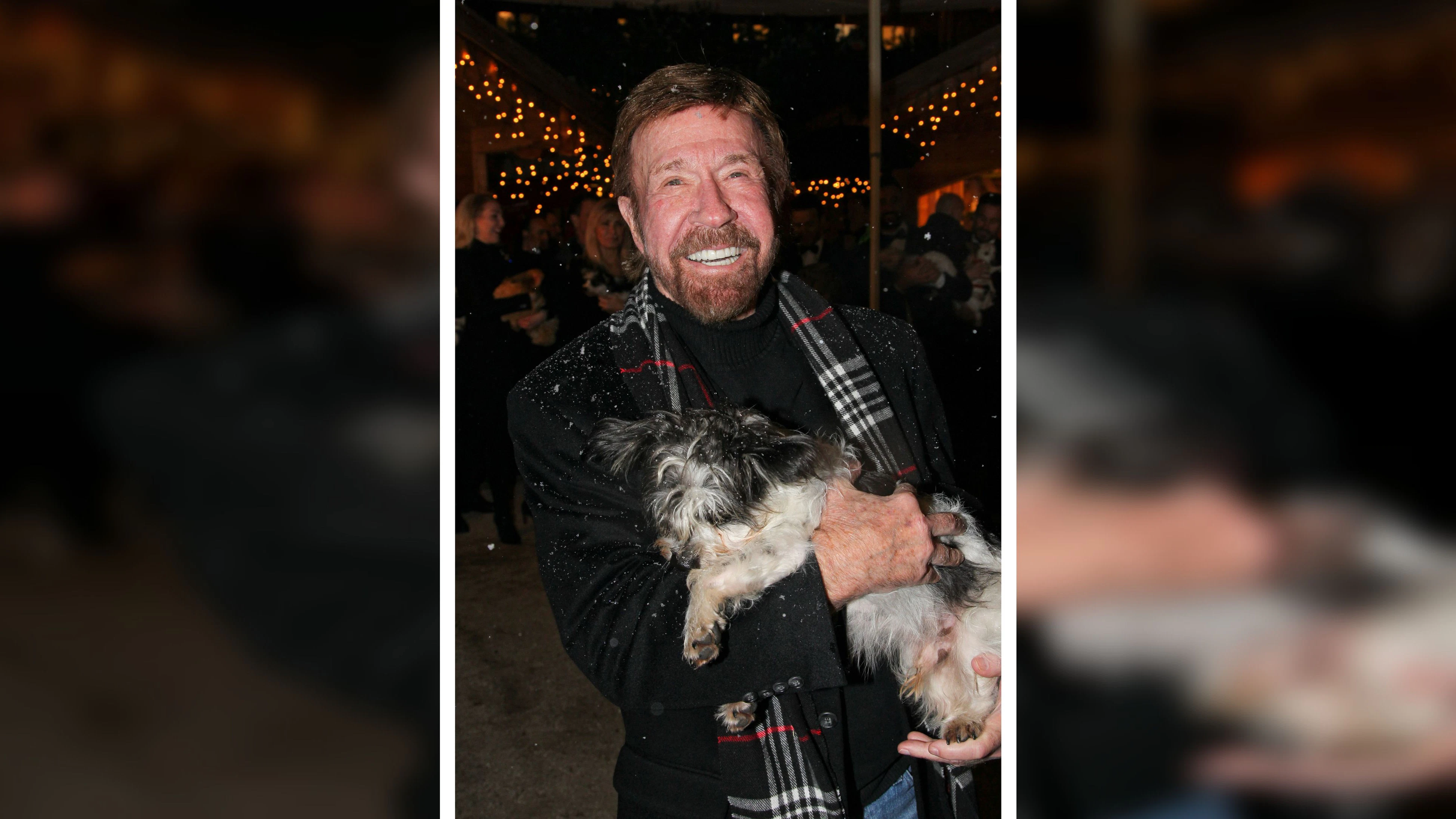 Chuck Norris herzte bei seinem Besuch einen geretteten Hund.