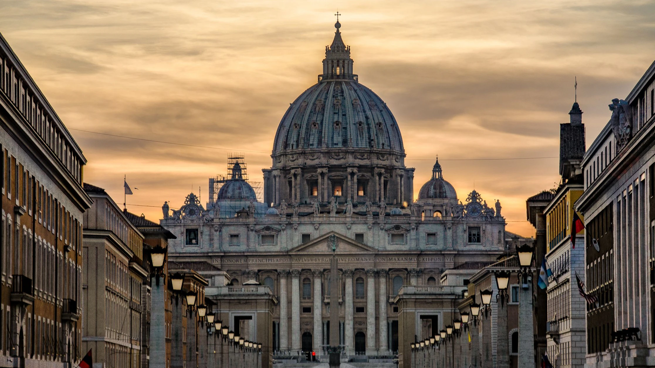 St Peter Basilica and Piazza San Pietro at sunset in Vatican City, Rome, Italy