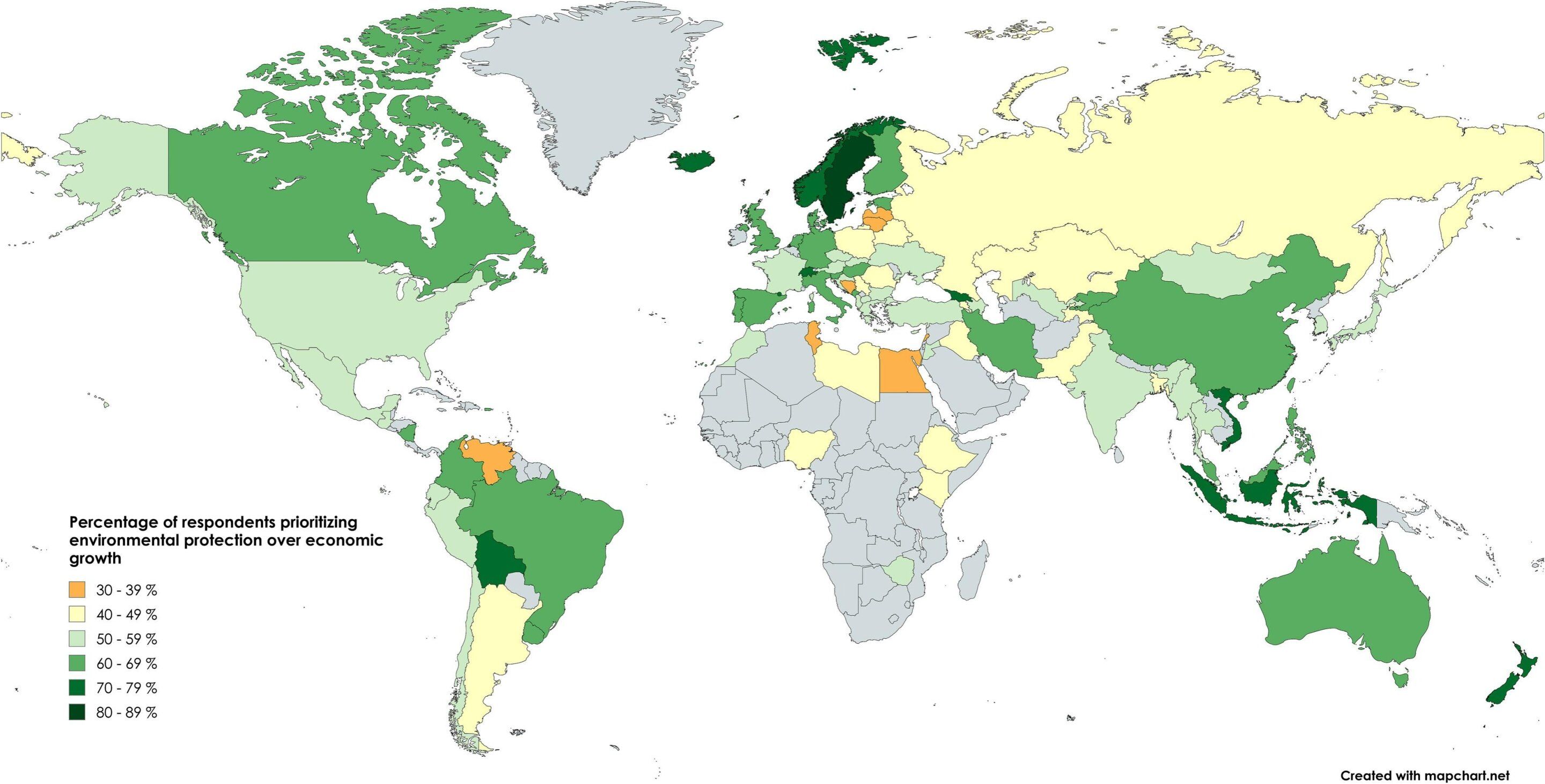 Prozentualer Anteil der Priorisierung von Umweltschutz gegenüber Wirtschaftswachstum nach Ländern