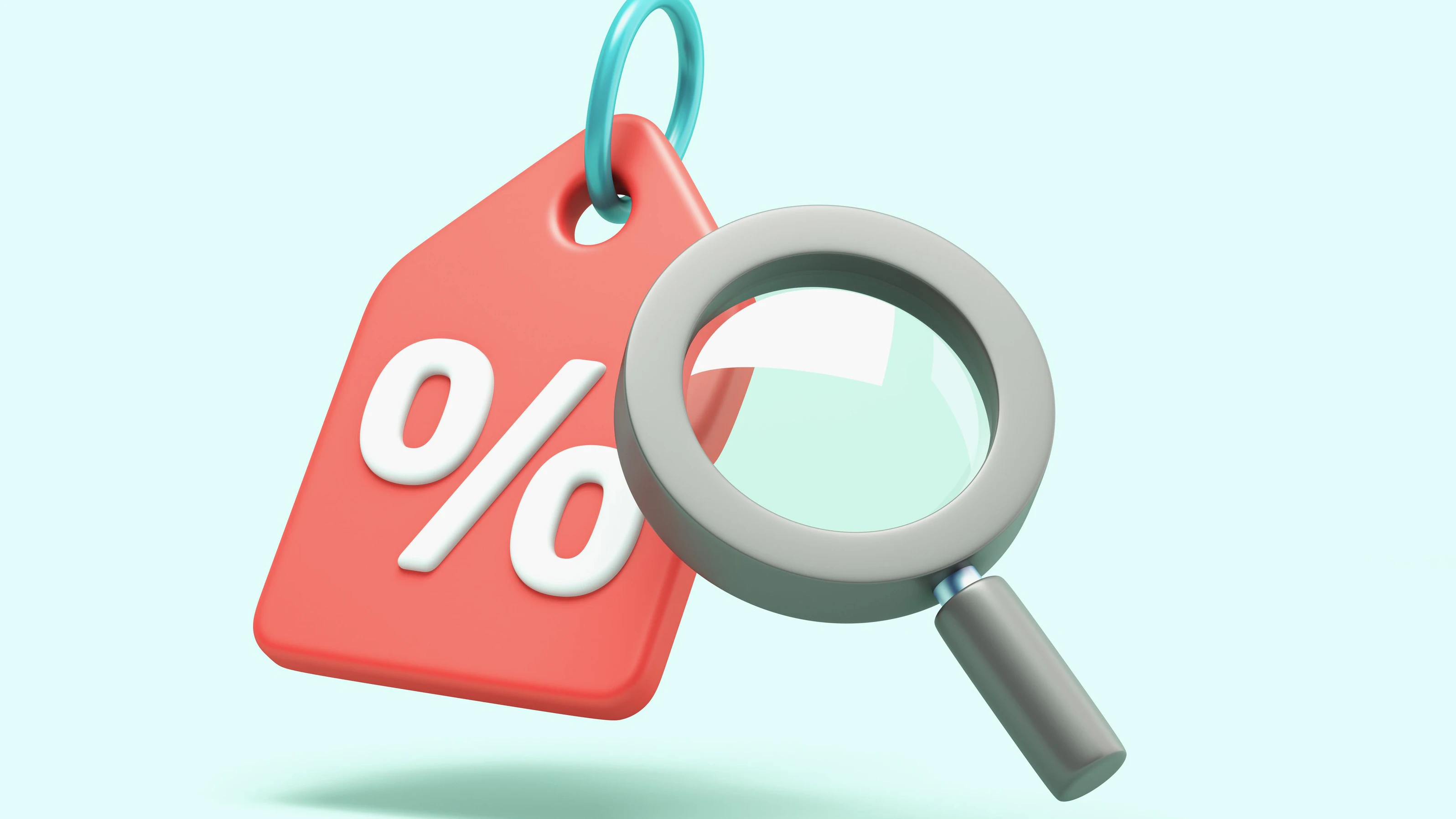 Price tag with percent symbol and magnifying glass representing searching or checking discounts and sale offers. 3D illustration.