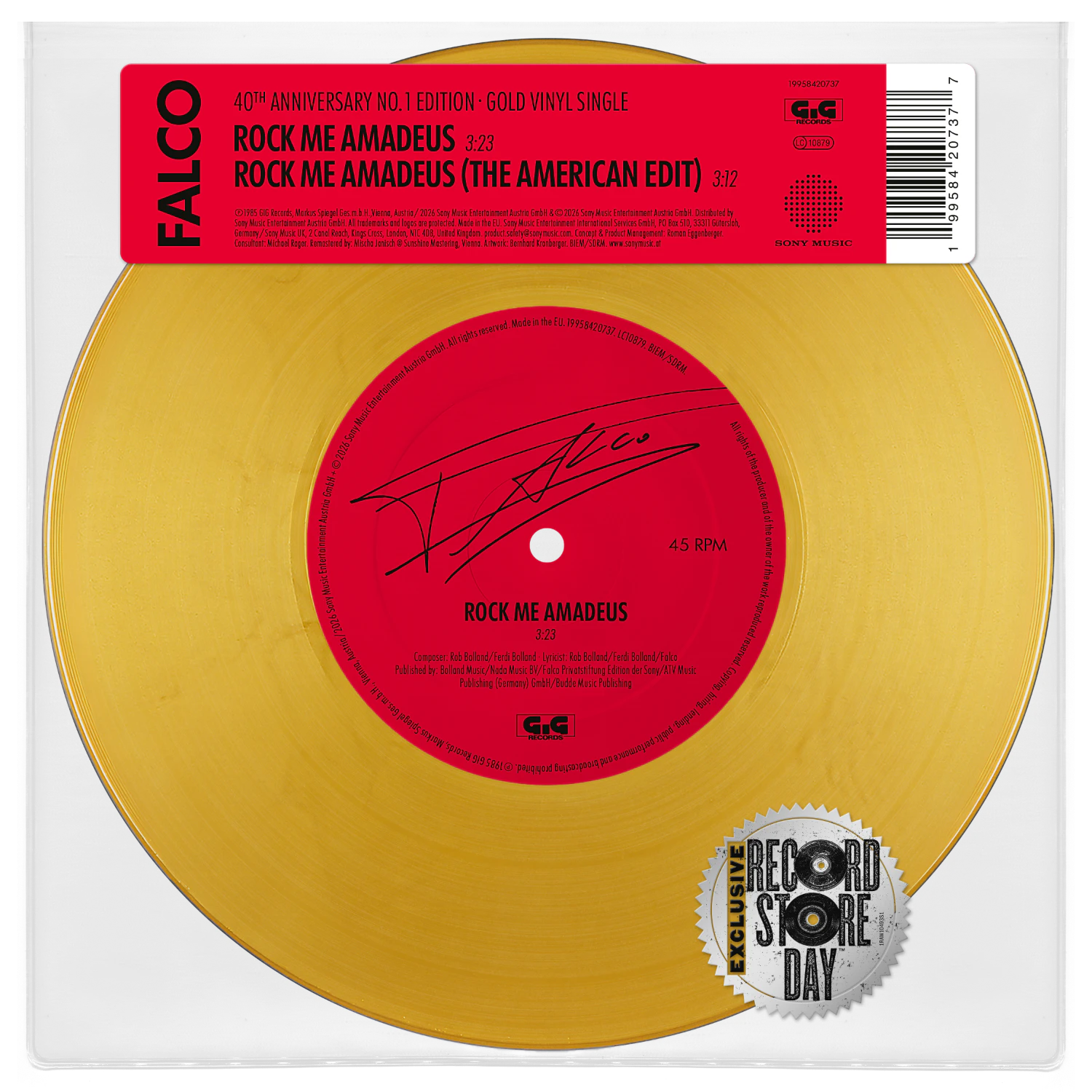 Exklusiv zum Record Store Day erscheint eine limitierte, goldene 7” Vinyl-Single von „Rock Me Amadeus“! Diese Single enthält sowohl die europäische Hitversion als auch den 'American Edit', die A-Seite der originalen U.S. Single.