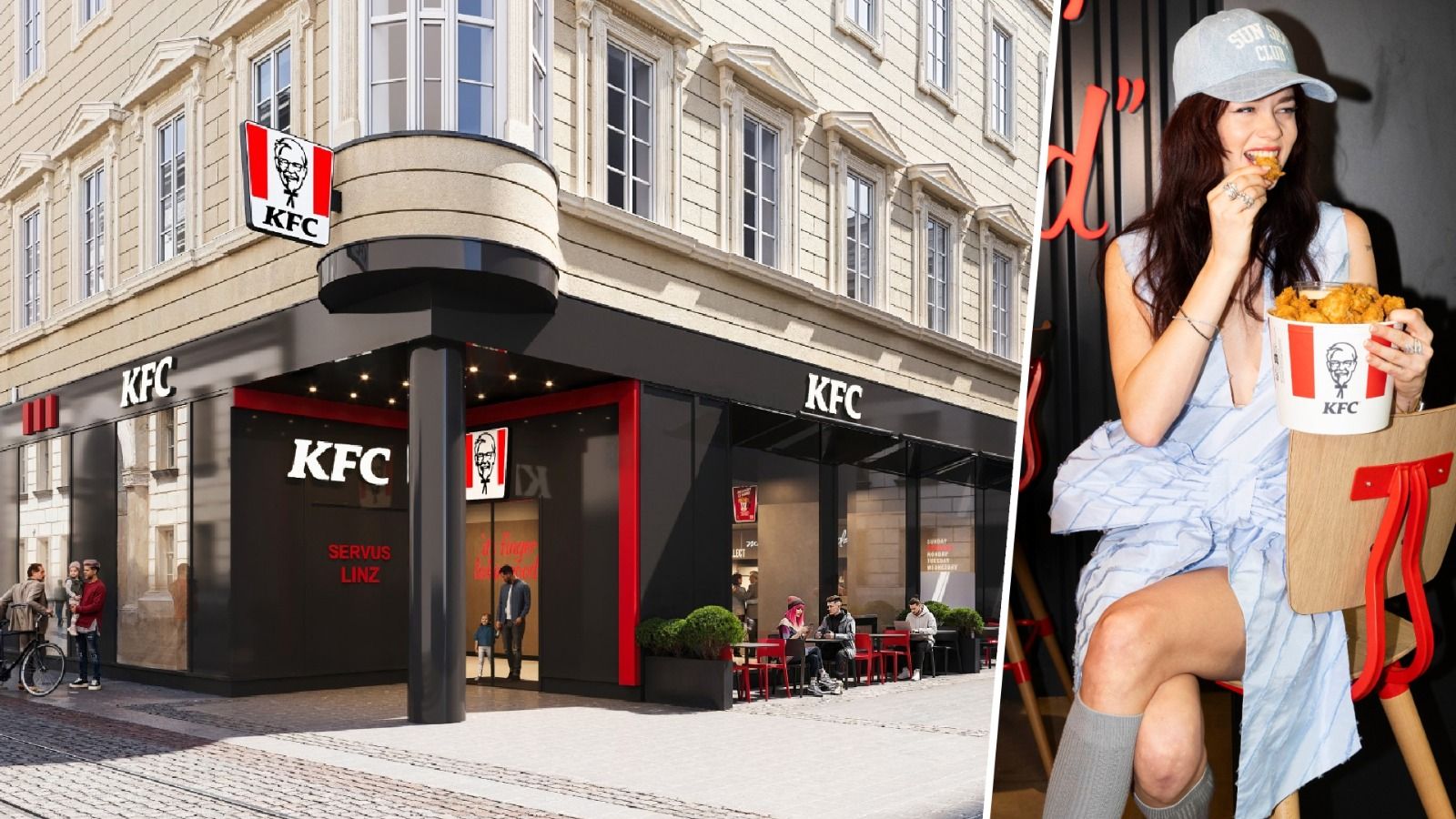 Am 8. April ist es so weit: KFC (Rendering der Filiale) macht in Linz auf.