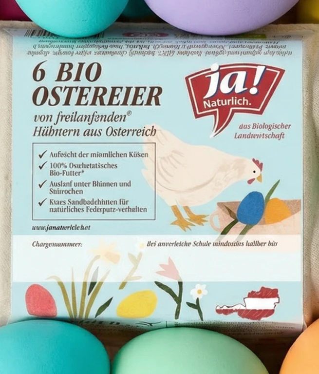 Die Ja! Natürlich Ostereier entsprechen erweiterten Tierwohl-Kriterien, die über die gesetzlichen Mindeststandards hinausgehen.