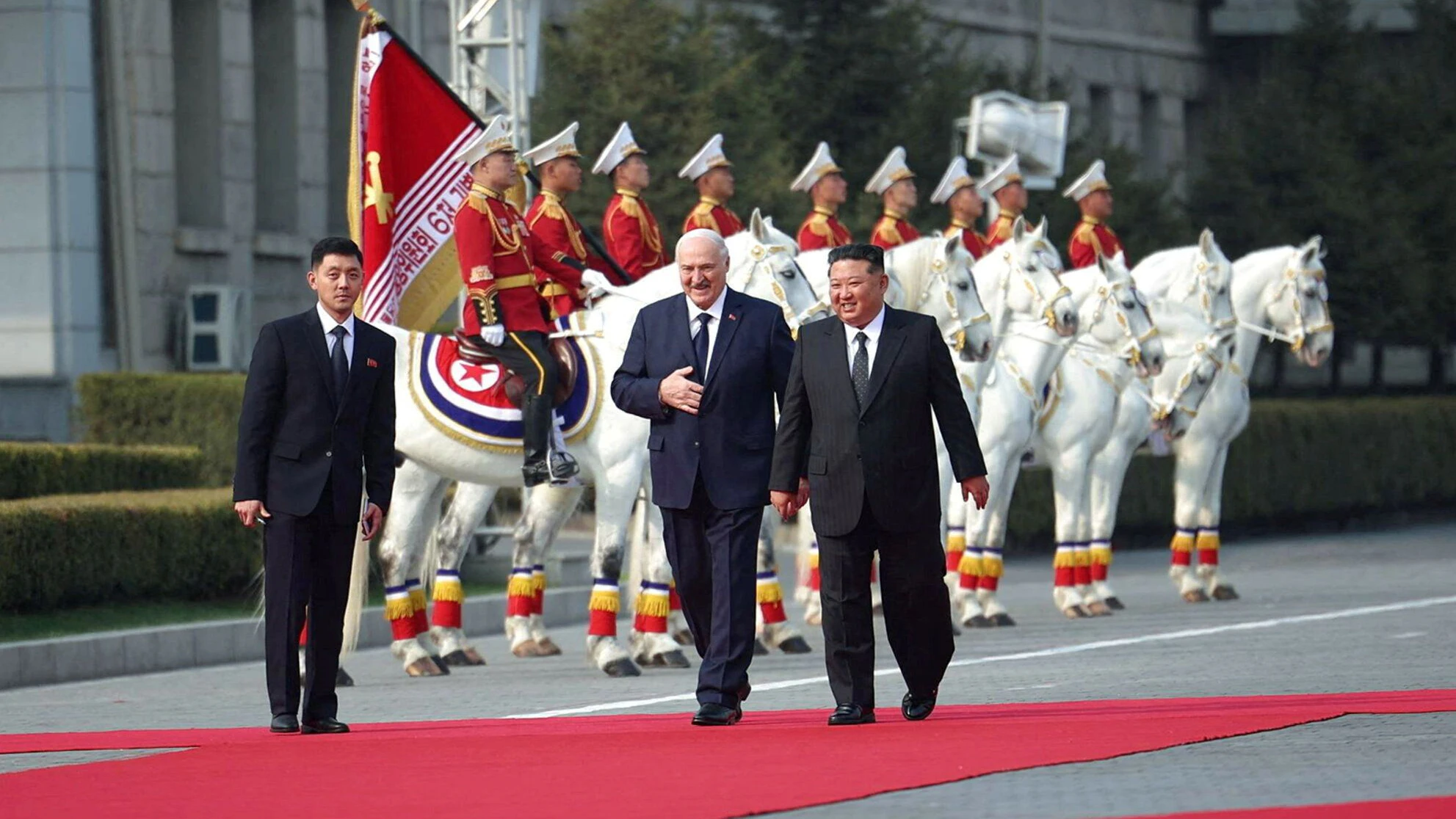 Belarusian President Alexander Lukashenko and North Korean leader Kim Jong Un walk during a meeting in Pyongyang, North Korea March 25, 2026. President of the Republic of Belarus/Handout via REUTERS ATTENTION EDITORS - THIS IMAGE WAS PROVIDED BY A THIRD PARTY. MANDATORY CREDIT. WATERMARK FROM SOURCE.     TPX IMAGES OF THE DAY     