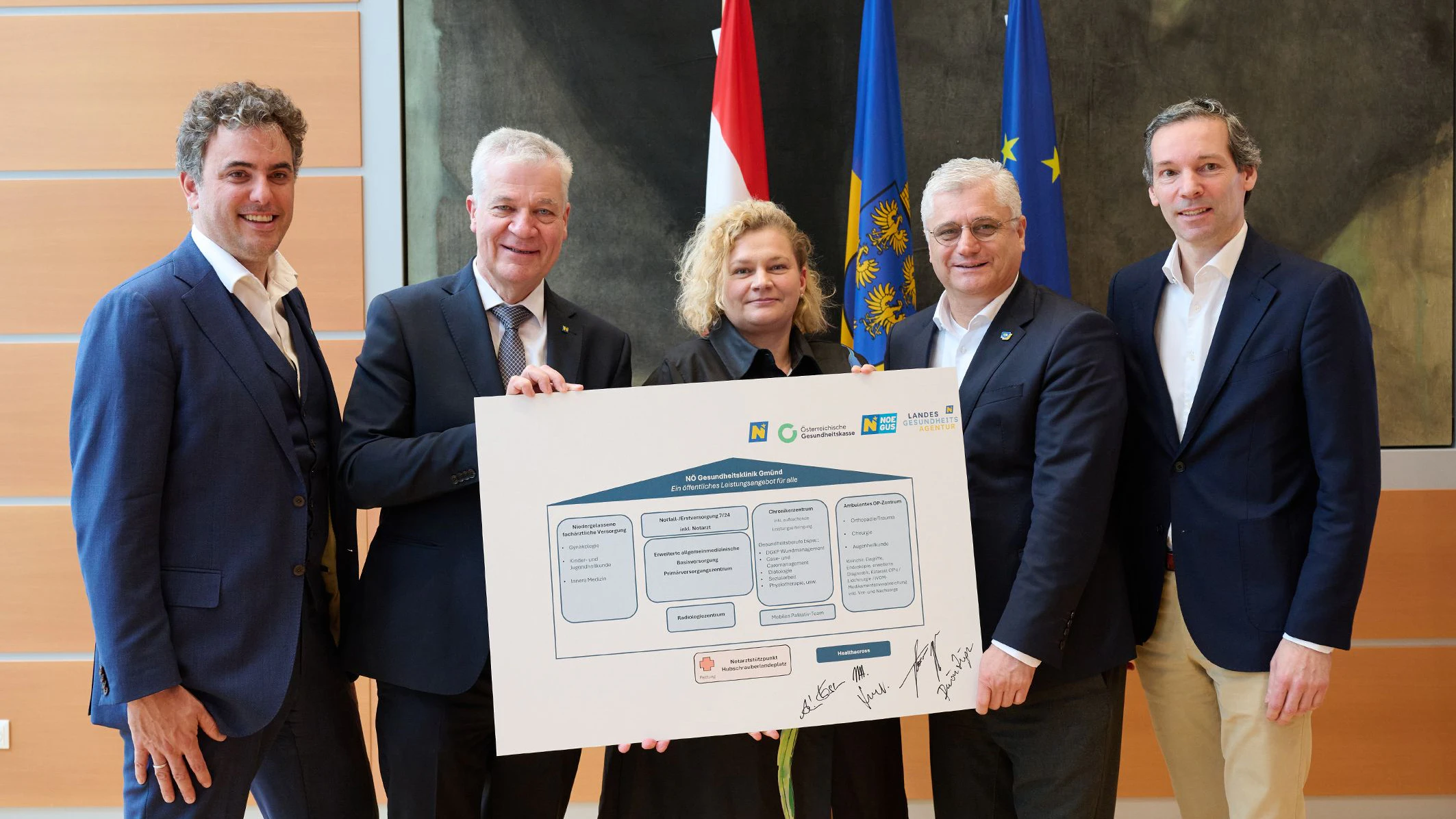 Das Leistungsangebot für die NÖ Gesundheitsklinik Gmünd wurde vorgestellt (v.l.n.r.): Florian Hengl, Vorsitzender des Landesstellenausschusses NÖ, Anton Kasser (ÖVP), Landesrat für Landeskliniken, Elisabeth Bräutigam, Vorständin der NÖ Landesgesundheitsagentur, Martin Antauer (FPÖ), Landesrat für Sicherheit, Asyl und Zivilschutz und Volker Knestel, Geschäftsführer der NÖ Gesundheits- und Sozialfonds (NÖGUS). 