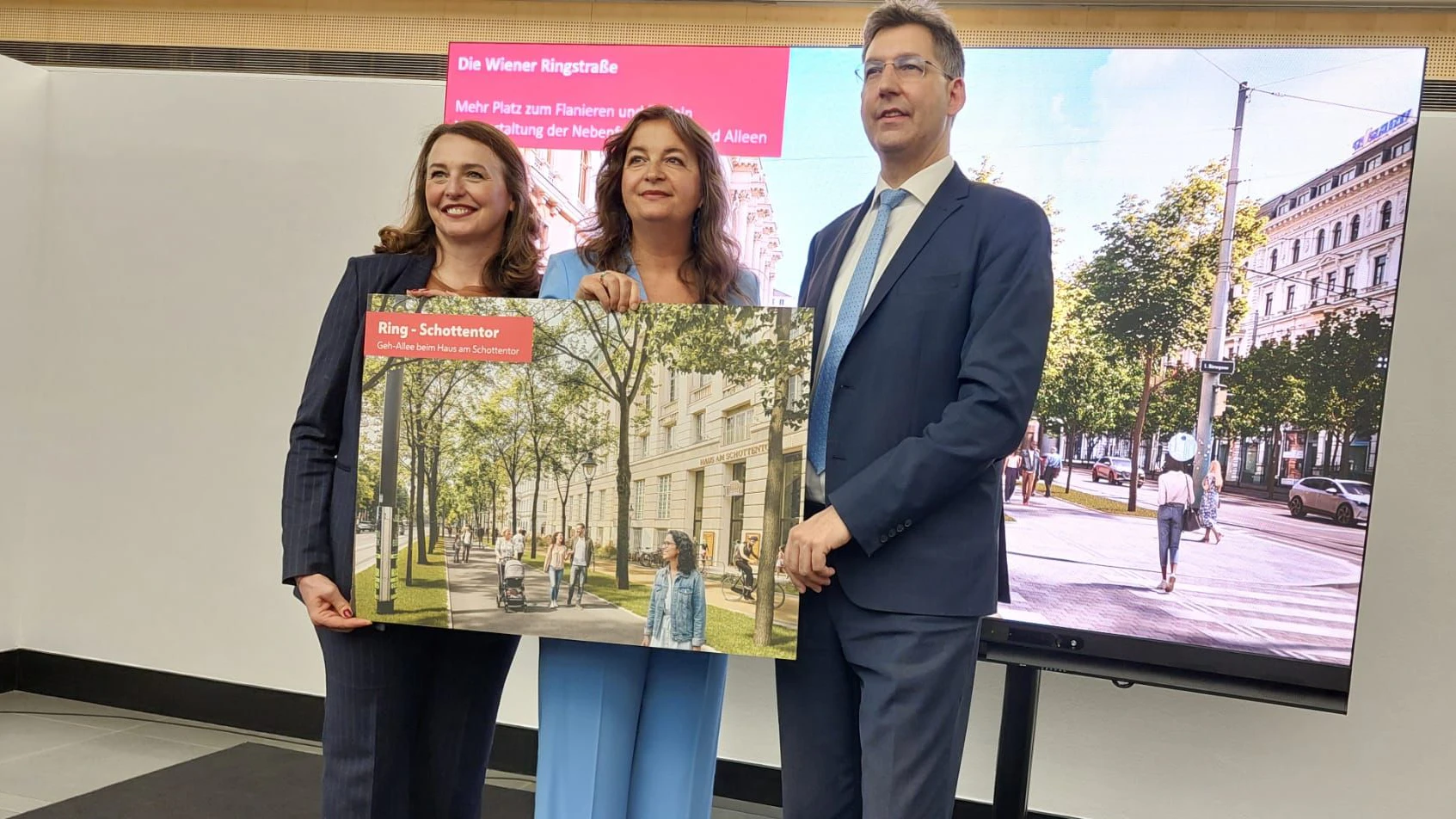 v.l.: Selma Arapovic (Neos Wien Klubvorsitzende, Stadträtin Ulli Sima (SPÖ) und City-Bezirksvorsteher Markus Figl (ÖVP)