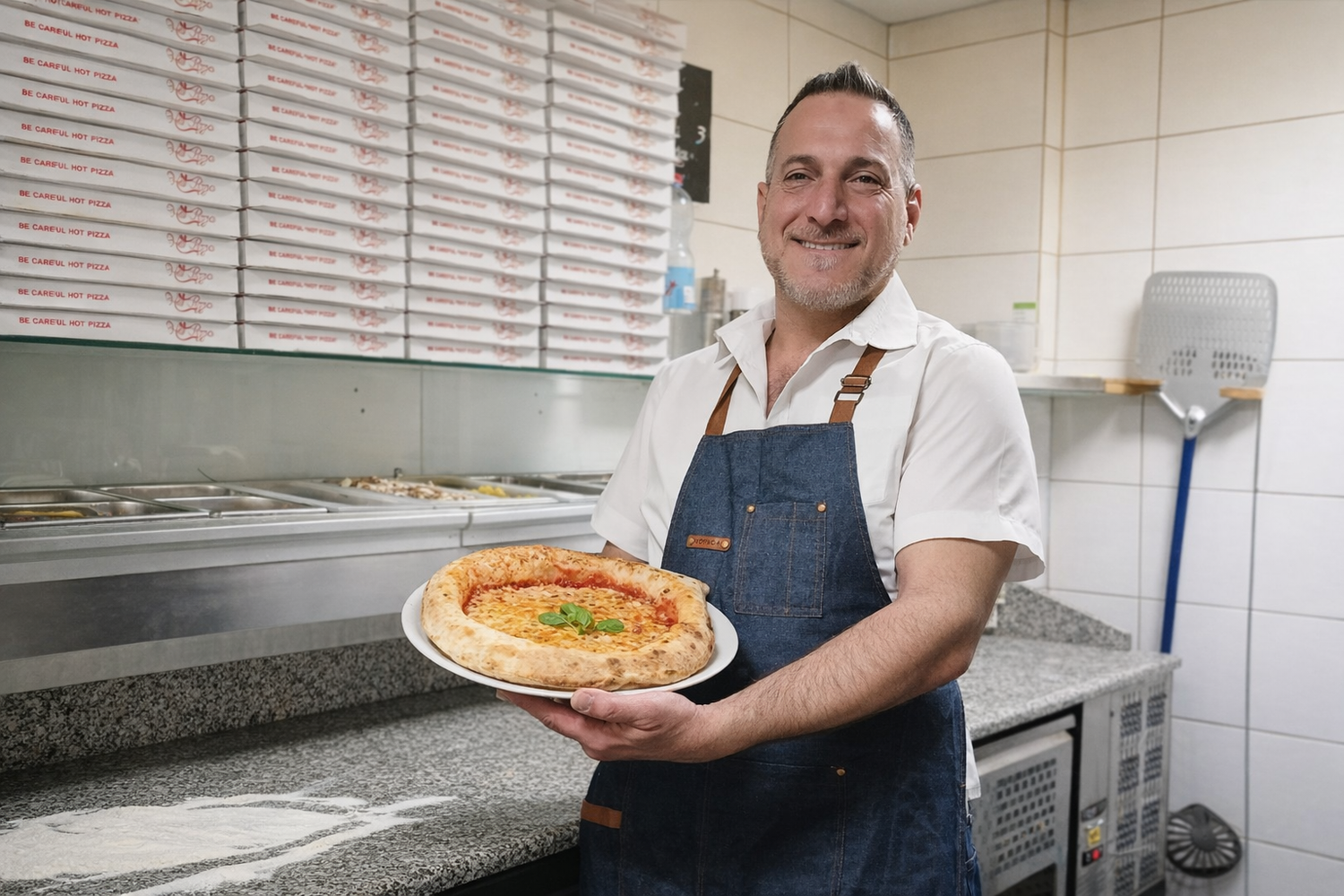 Wirt Dino zeigt seine Pizza - doch steigende Energiekosten zwingen ihn, den Ofen früher abzudrehen