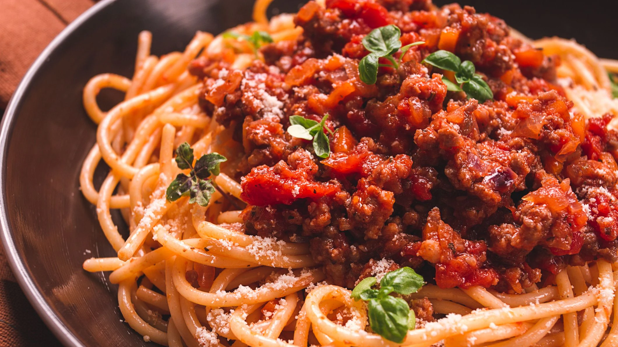 Spaghetti Bolognese, top view, close-up, no people, homemade,