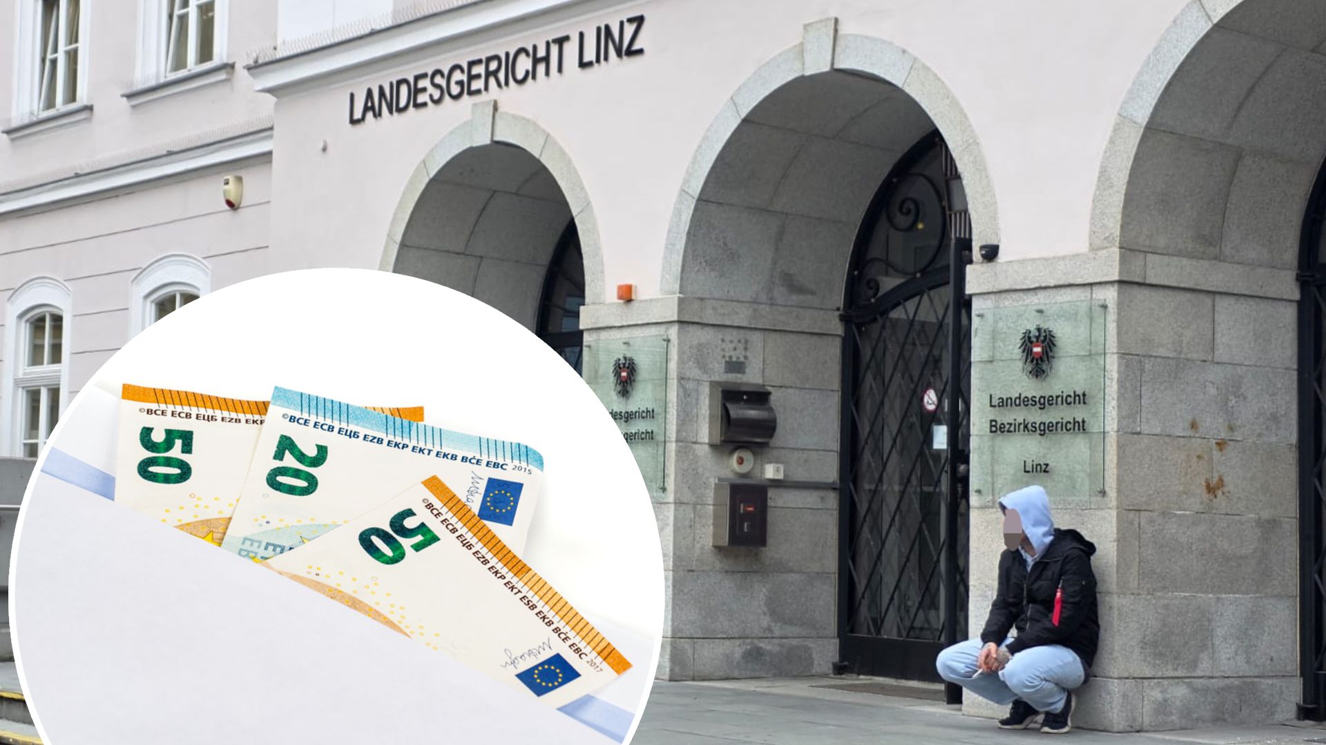 Der Angeklagte (35) soll versucht haben, Falschgeld von Temu in Umlauf zu bringen. Während einer Unterbrechung der Verhandlung wartete er vor dem Gebäude darauf, dass es weitergeht.