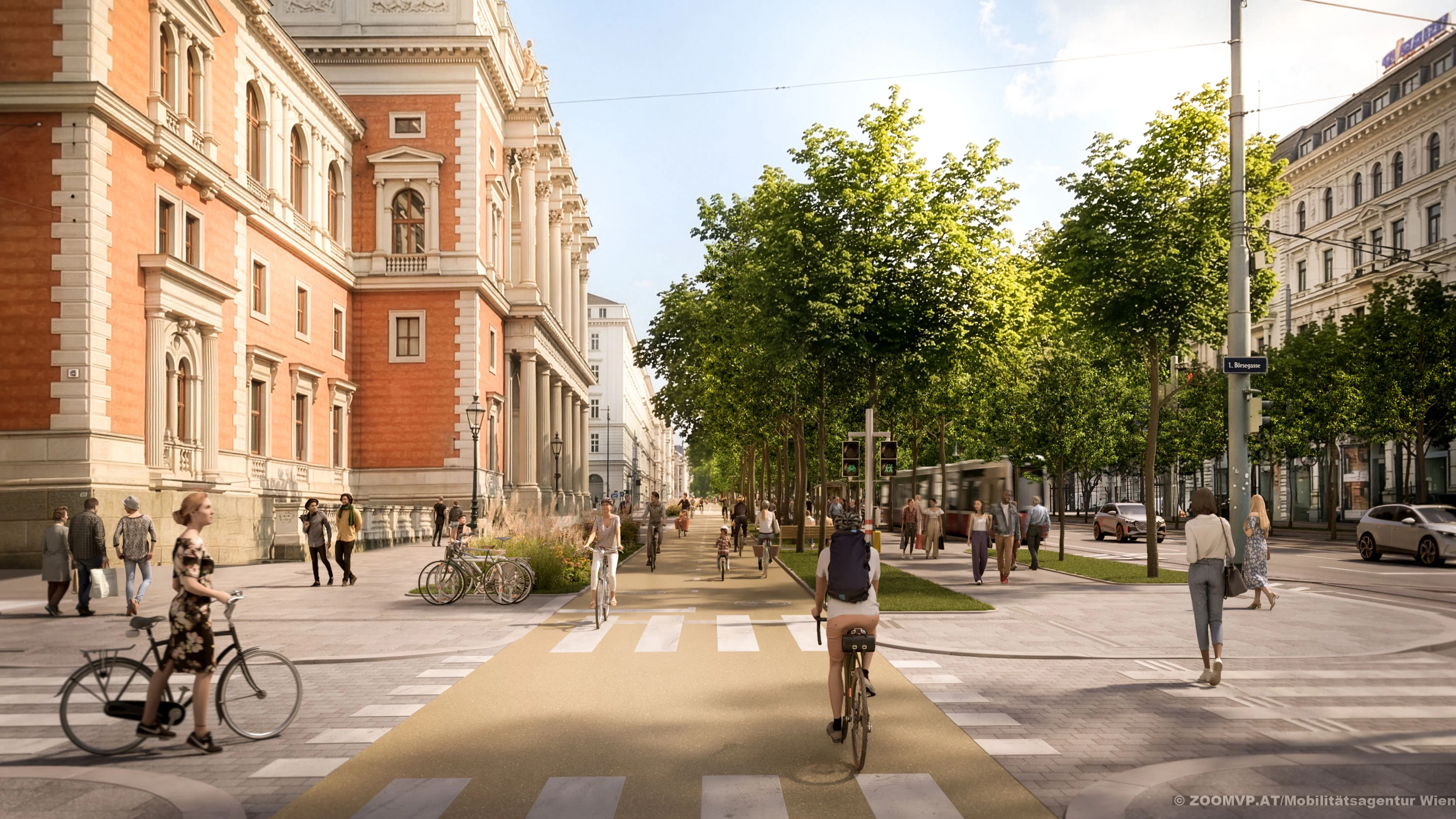 Radweg in der Nebenfahrbahn bei der Börse: Baustart nach dem Sommer.
