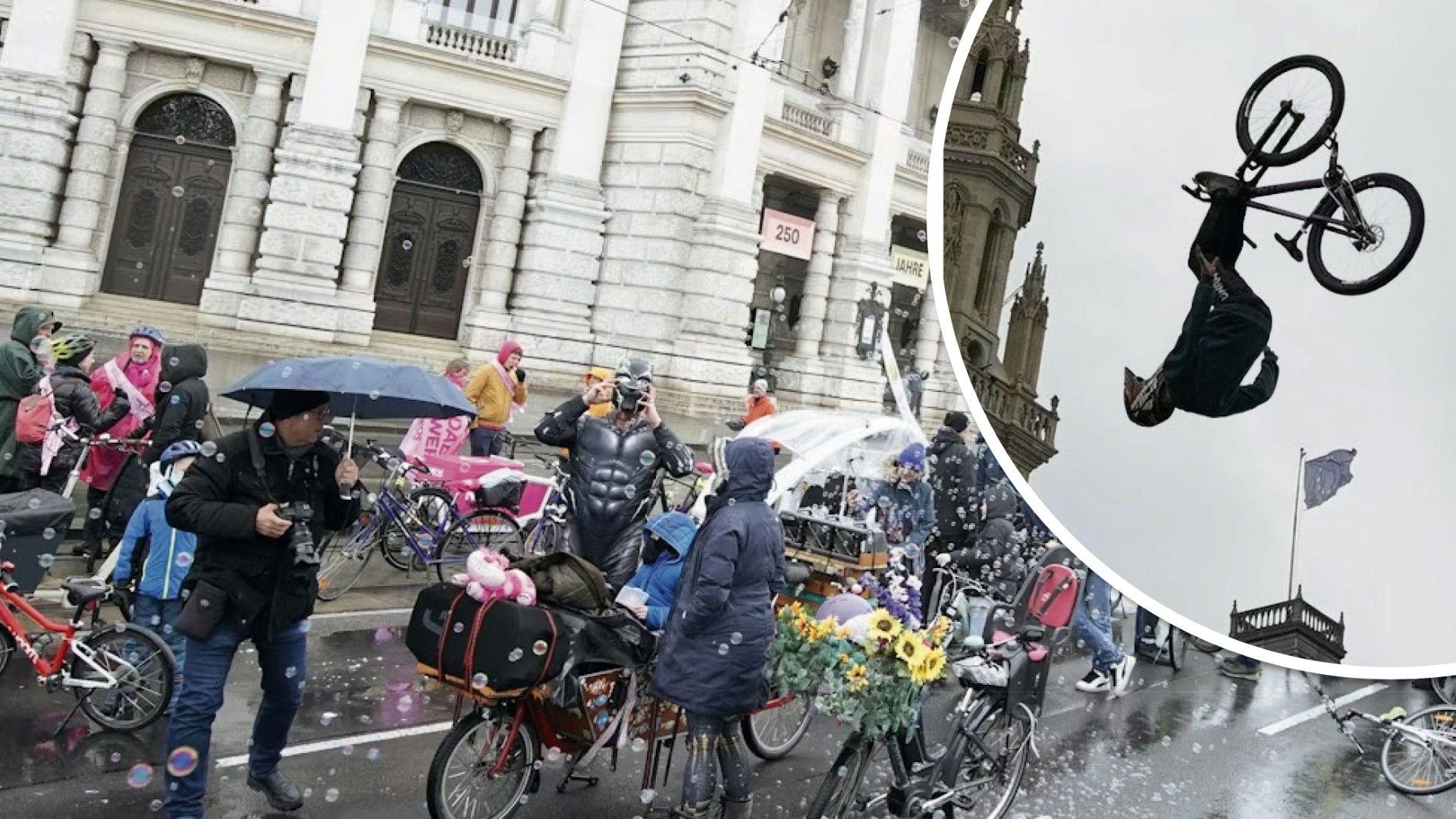 Mit Jacken und Regenponchos bewaffnet trotzten die Radfahrer dem Wetter – sogar Stunts wurden präsentiert.