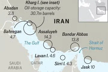 Auf der Insel Kharg, von der 90 % des iranischen Rohöls verschifft werden, operieren die Schiffe am äußersten T-förmigen Anleger