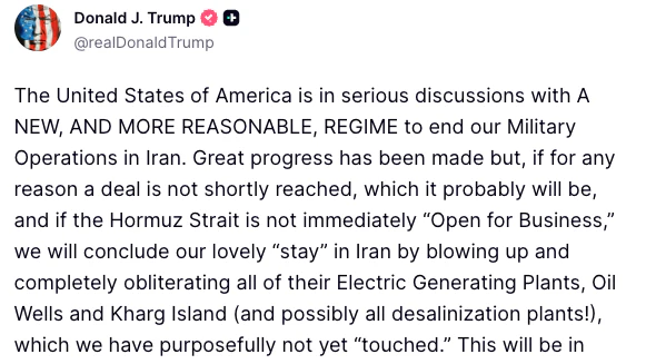 Trump droht, die Strom- und Wasserversorgung des Iran vollständig zu zerstören.