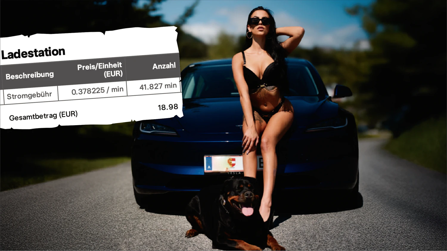 Nacktmodel Julia Schmid (23) zeigt sich gegen Bezahlung barbusig, tankt ihren Tesla billig.