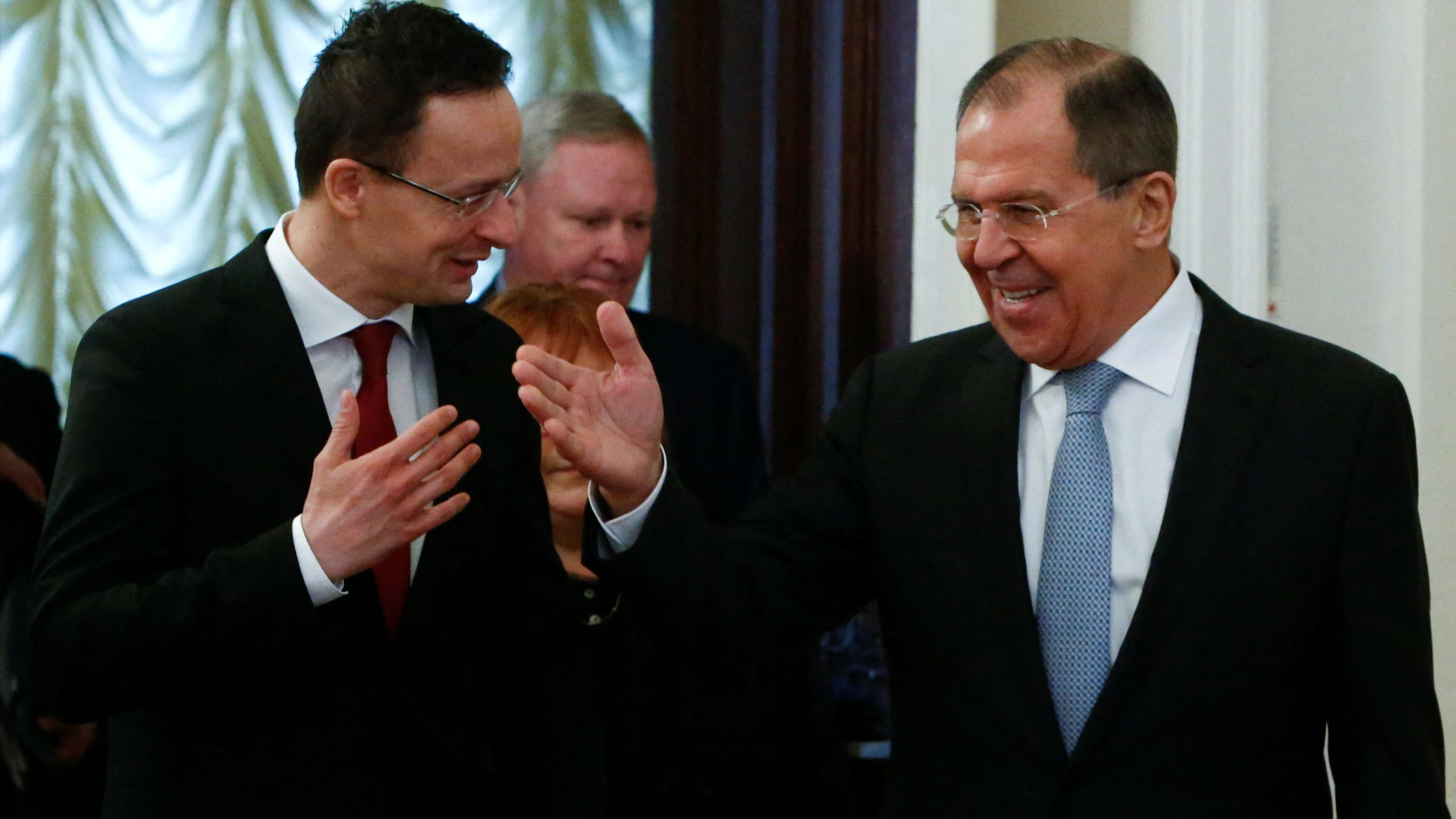 FILE PHOTO: Russian Foreign Minister Sergei Lavrov and his Hungarian counterpart Peter Szijjarto enter a hall during their meeting in Moscow, Russia January 23, 2017. REUTERS/Sergei Karpukhin/File Photo