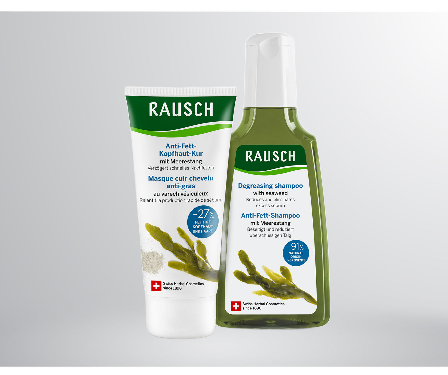 Shampoo und Kopfhaut-Kur von Rausch sagen fettigem Haar den Kampf an.