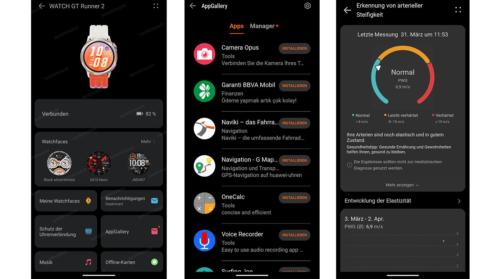 Die "Huawei Health"-App liefert Details zu den Messdaten, Apps lassen sich über die eingeschränkte AppGallery installieren.