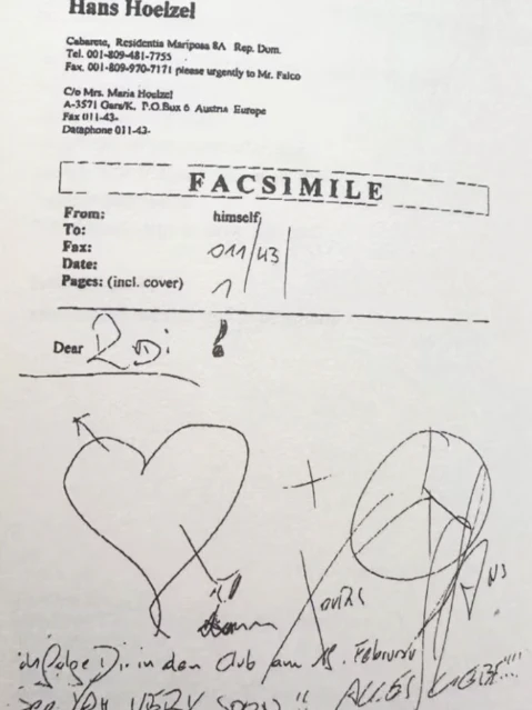 Das letzte Fax von Falco vor seinem tragischen Tod: "See you very soon. Alles Gute!!!"