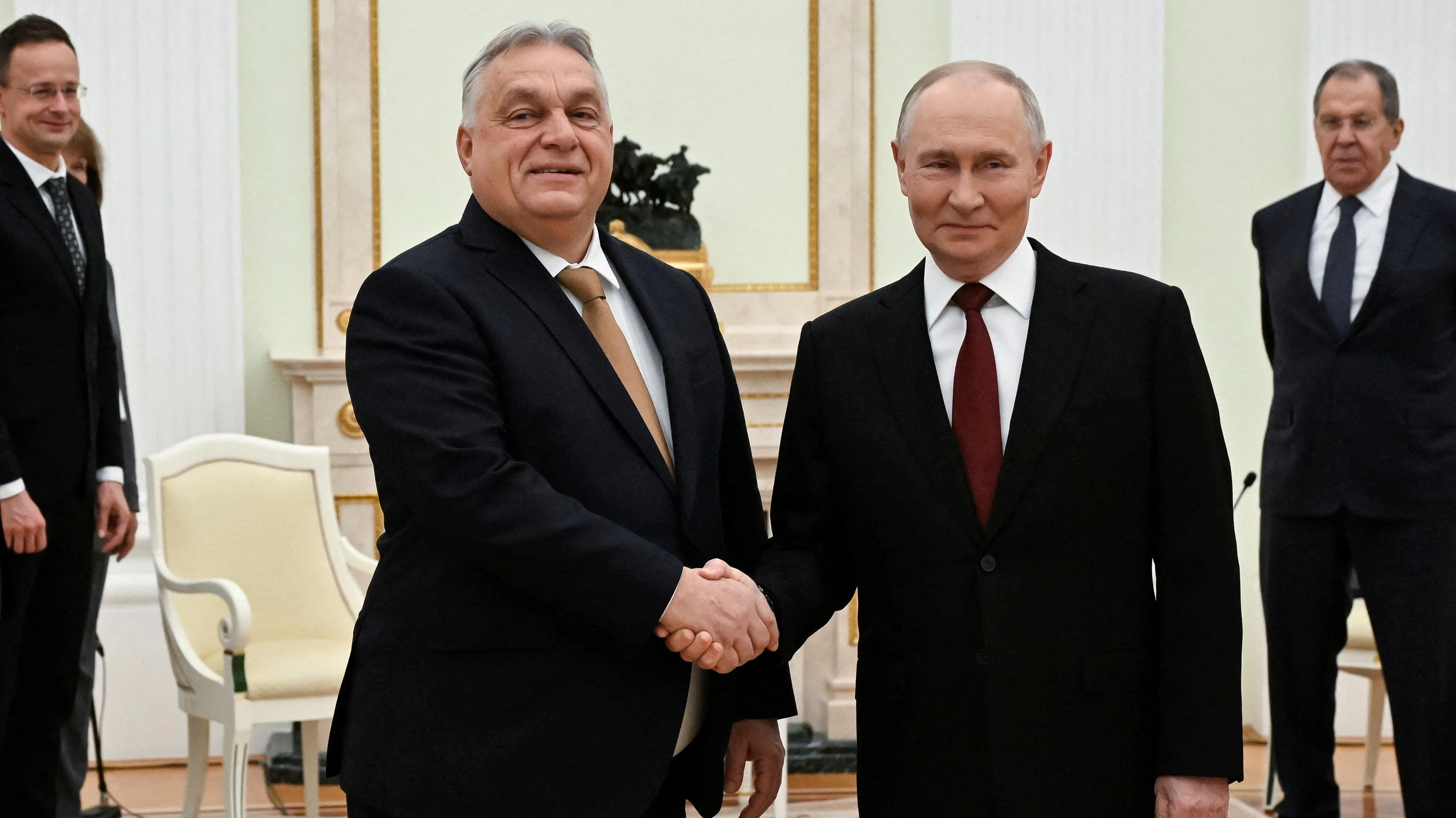 Russian President Vladimir Putin shakes hands with Hungarian Prime Minister Viktor Orban during a meeting in Moscow, Russia, November 28, 2025. Alexander Nemenov/Pool via REUTERS