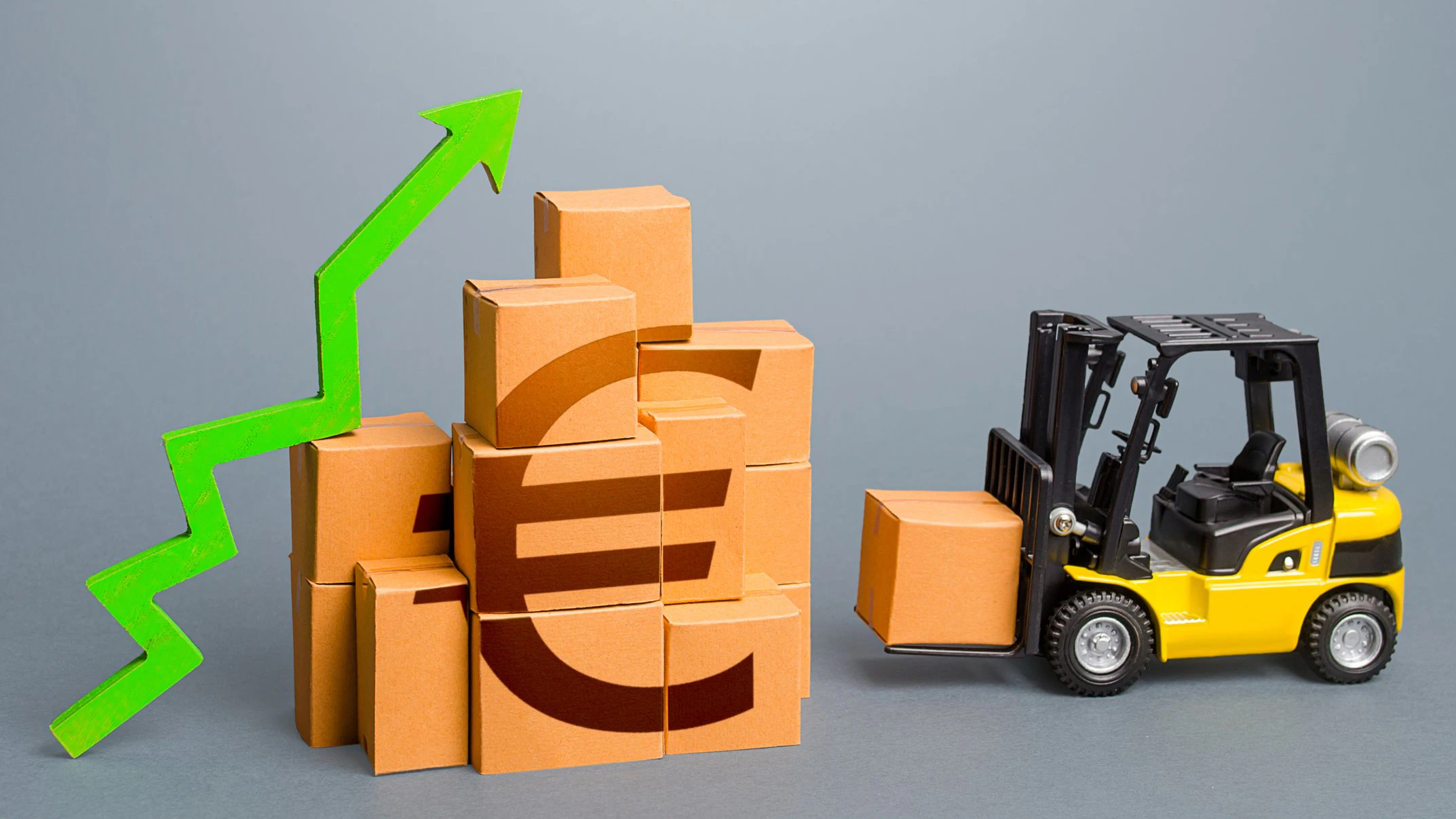 Forklift and stack of boxes with euro symbol and green up arrow. Sales growth concept. Production, freight of goods. Increase imports and exports, economic recovery. World trade traffic. High income