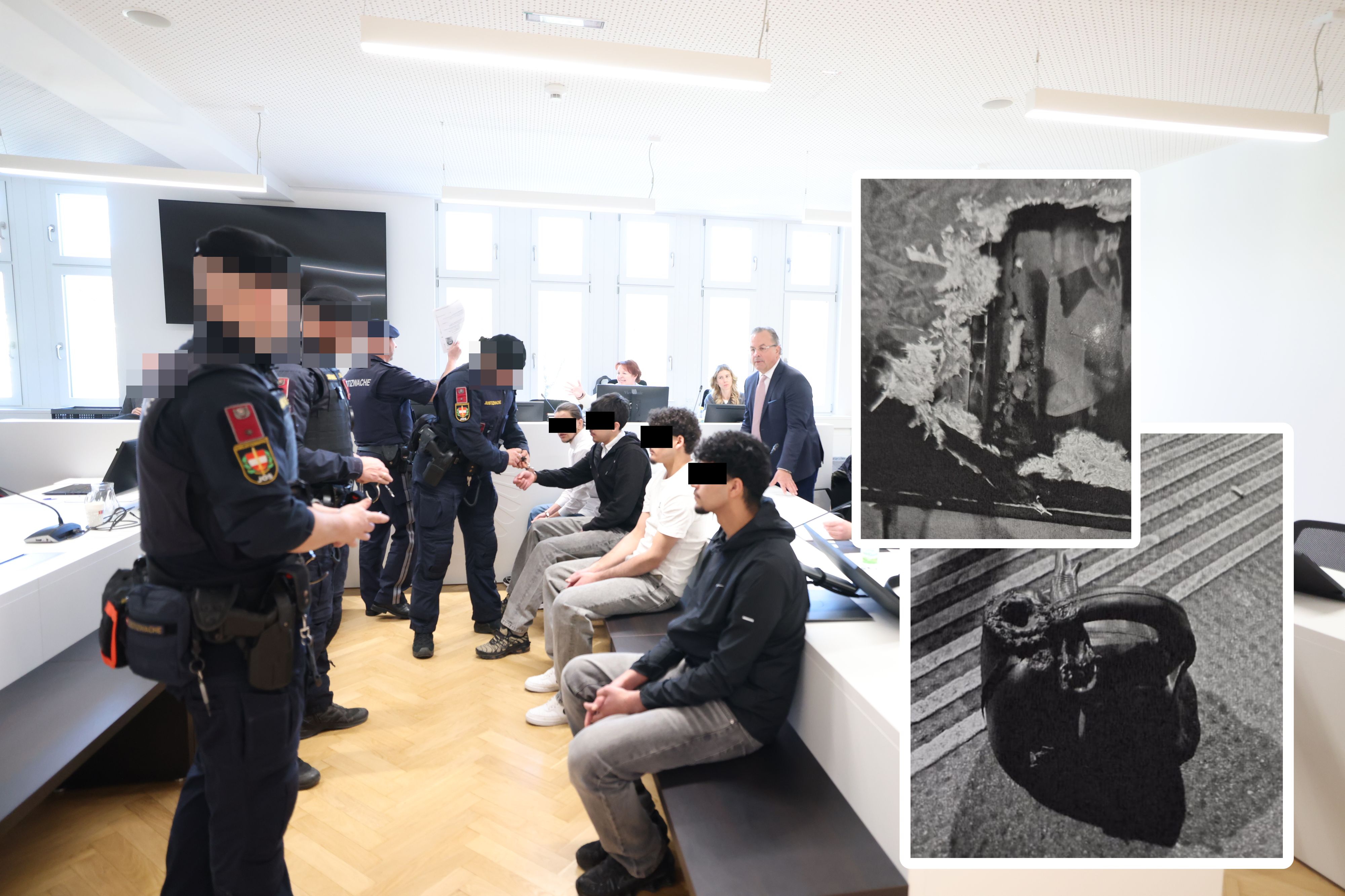 Die vier Angeklagten im Gerichtssaal sollen am Brunnenmarkt den Brandanschlag ausgeführt haben.