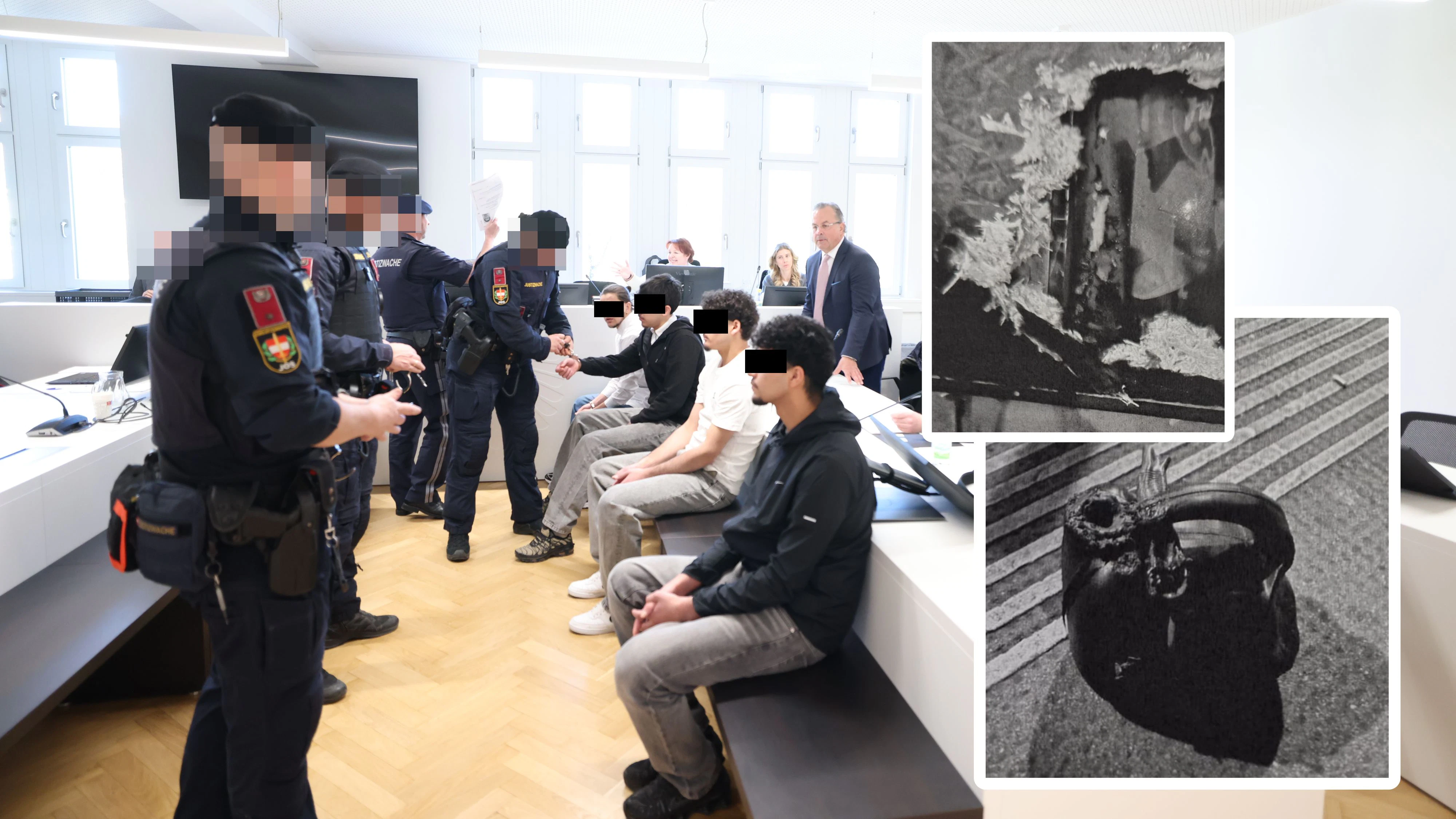 Die vier Angeklagten im Gerichtssaal sollen am Brunnenmarkt den Brandanschlag ausgeführt haben.