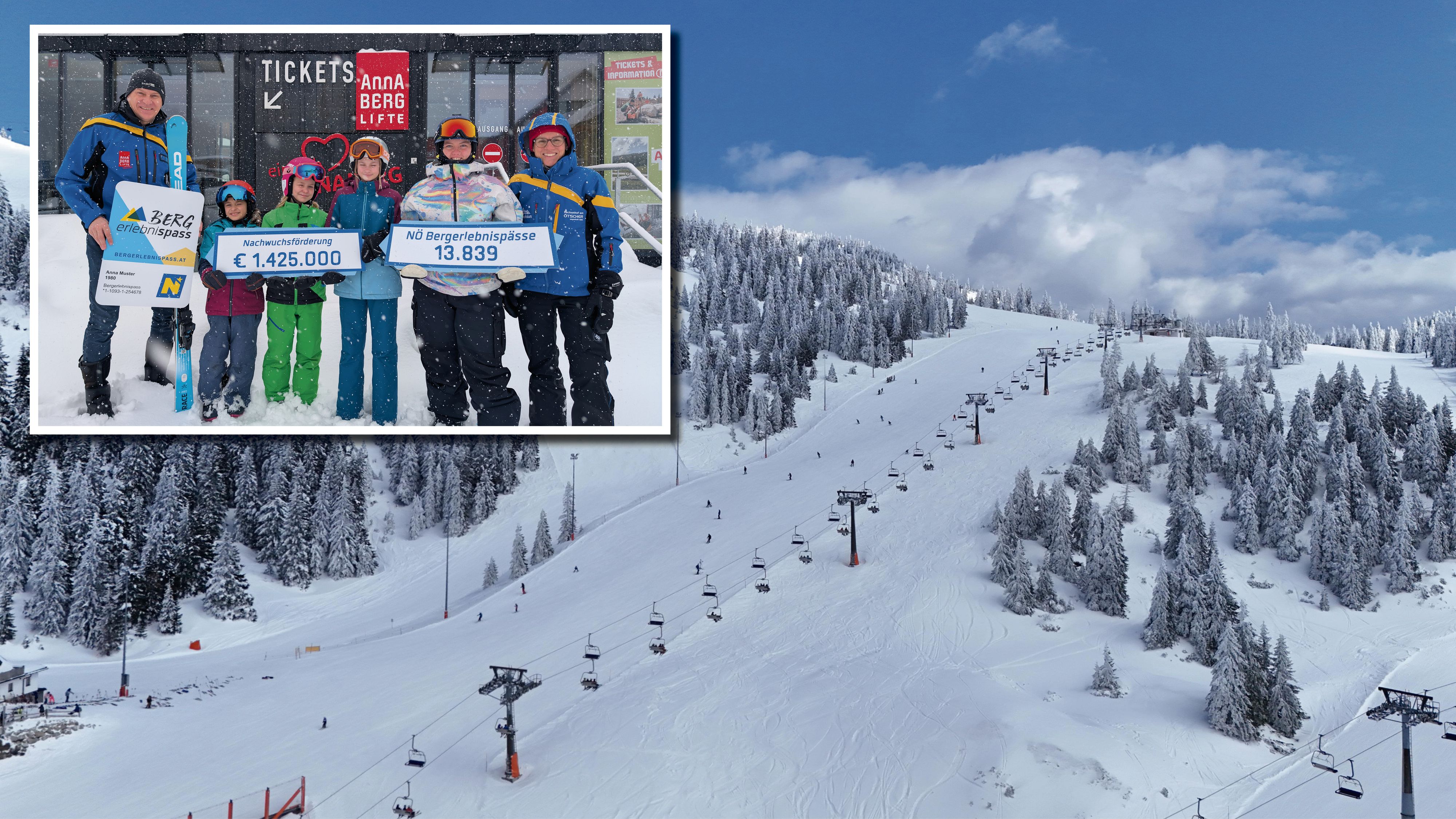 Das letzte Skigebiet in Niederösterreich hat geschlossen – der Hochkar (Bild) (v.l.n.r.): Karl Weber, Geschäftsführer Annaberger Liftbetriebs-Gesellschaft m.b.H. und von ARGE NÖ Bergerlebnispass, Laura und Mona Madlmair, Nora Nutz, Thorelfa Gisladottir und Veronika Nutz, Geschäftsführerin Hochkar & Ötscher Tourismus GmbH.