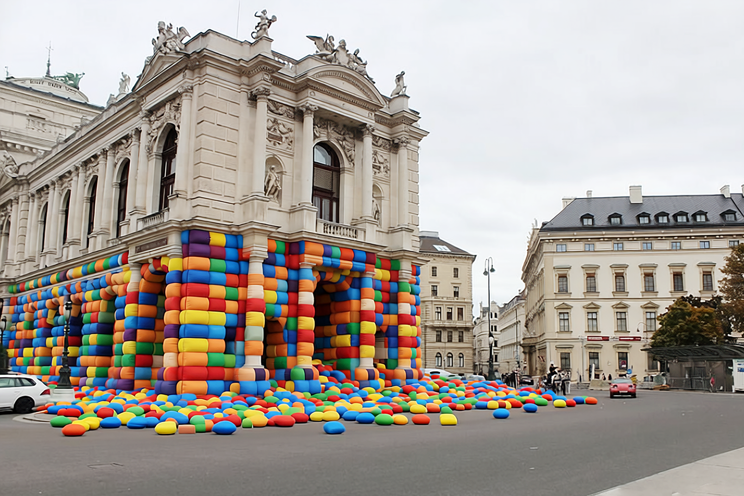 Beeindruckendes Polster-Kunstwerk am und vor dem Burgtheater von Martin Färber.