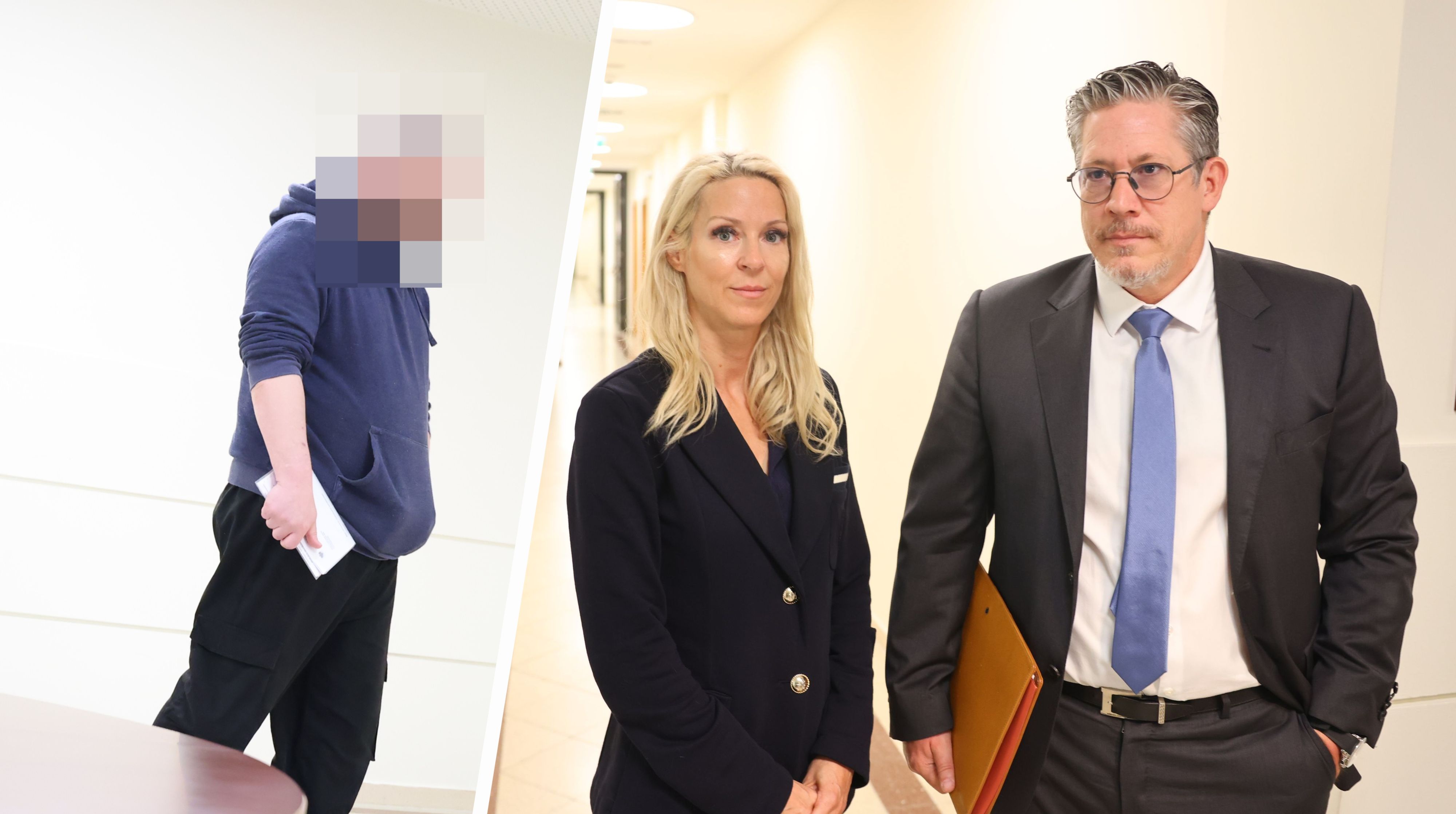 Der Angeklagte vor Gericht; er hatte Simone Lugner (hier mit Anwalt Höllwarth) beleidigt