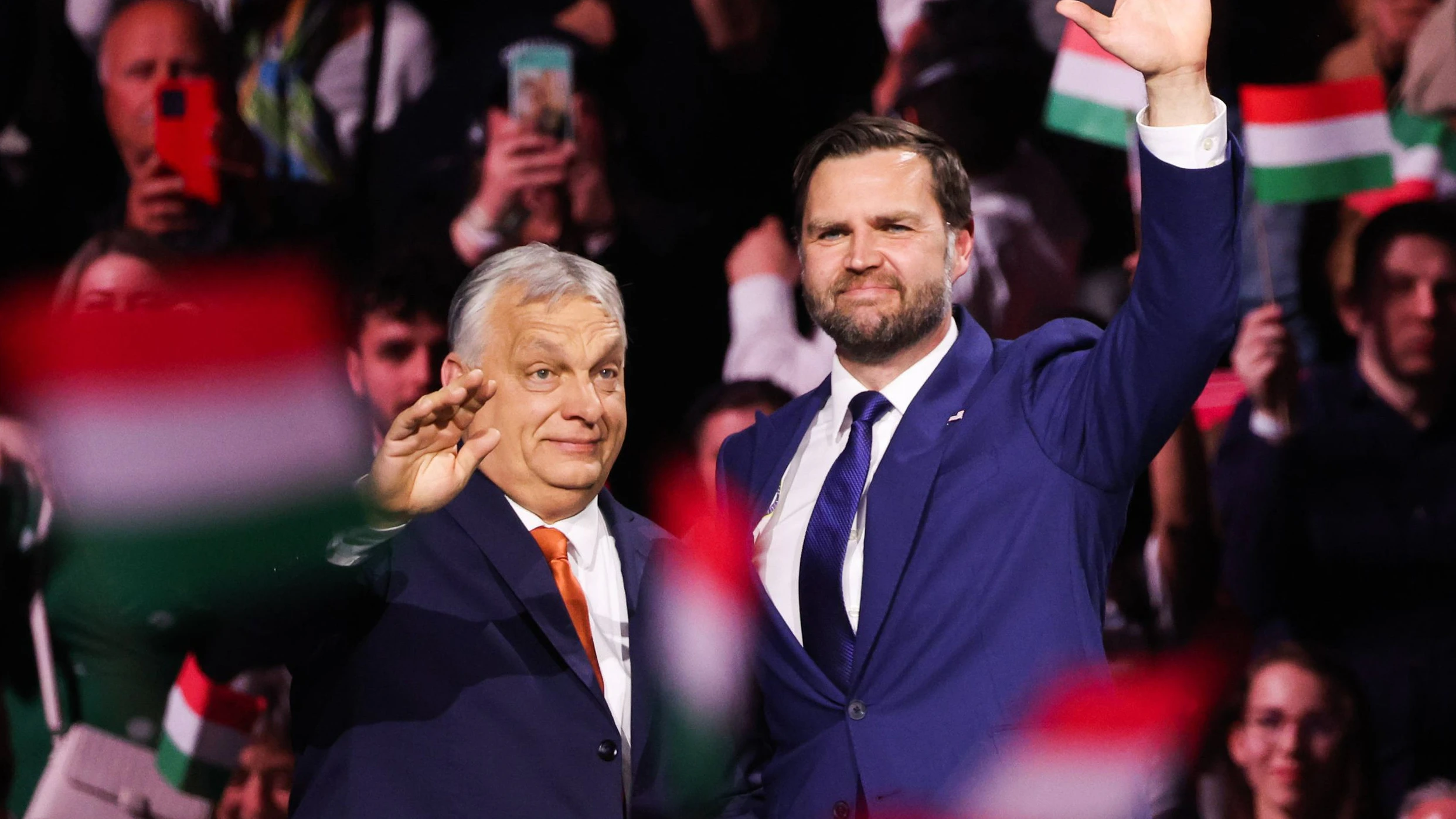 7. April 2026: Der ungarische Ministerpräsident Viktor Orbán und der amerikanische Vizepräsident JD Vance bei der Wahlkampfveranstaltung im Vorfeld der ungarischen Parlamentswahlen.