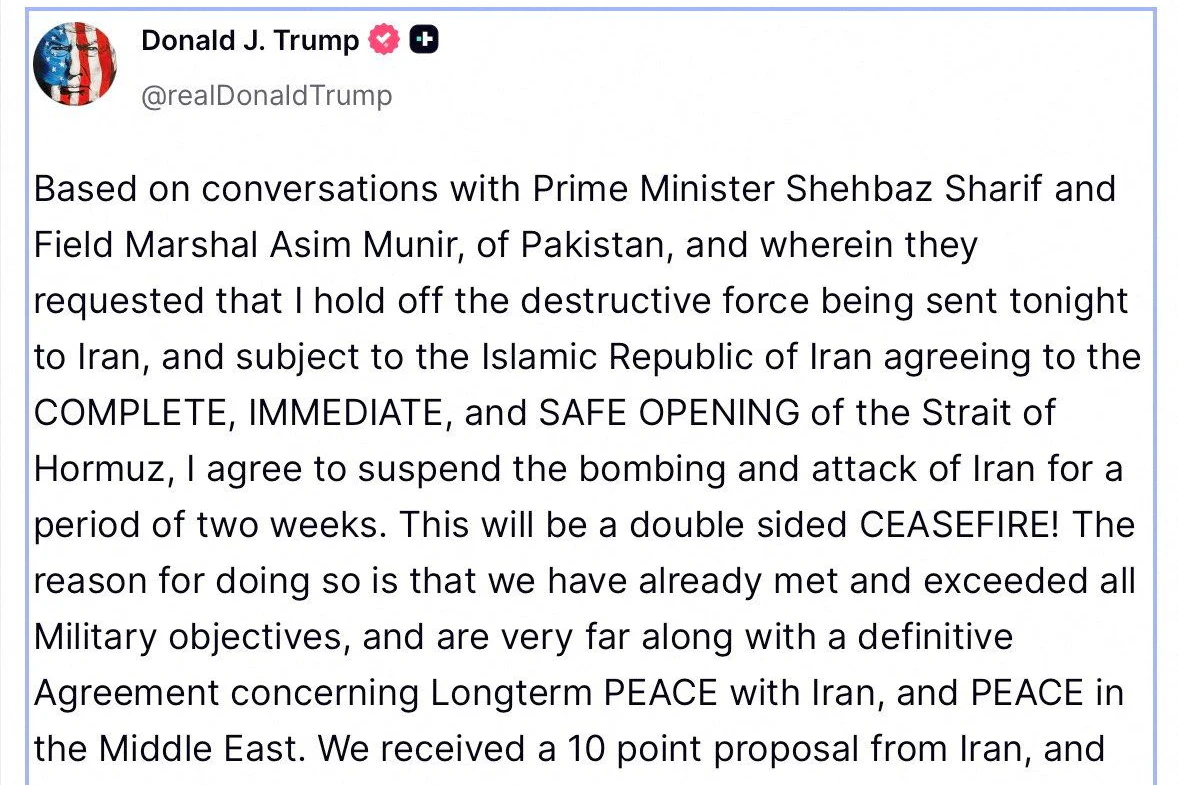 A Truth Social post by U.S. President Donald Trump on April 7, 2026 saying he has agreed "to suspend the bombing and attack of Iran for a period of two weeks" in this screenshot obtained from social media. Social Media Website/via REUTERS THIS IMAGE HAS BEEN SUPPLIED BY A THIRD PARTY.
