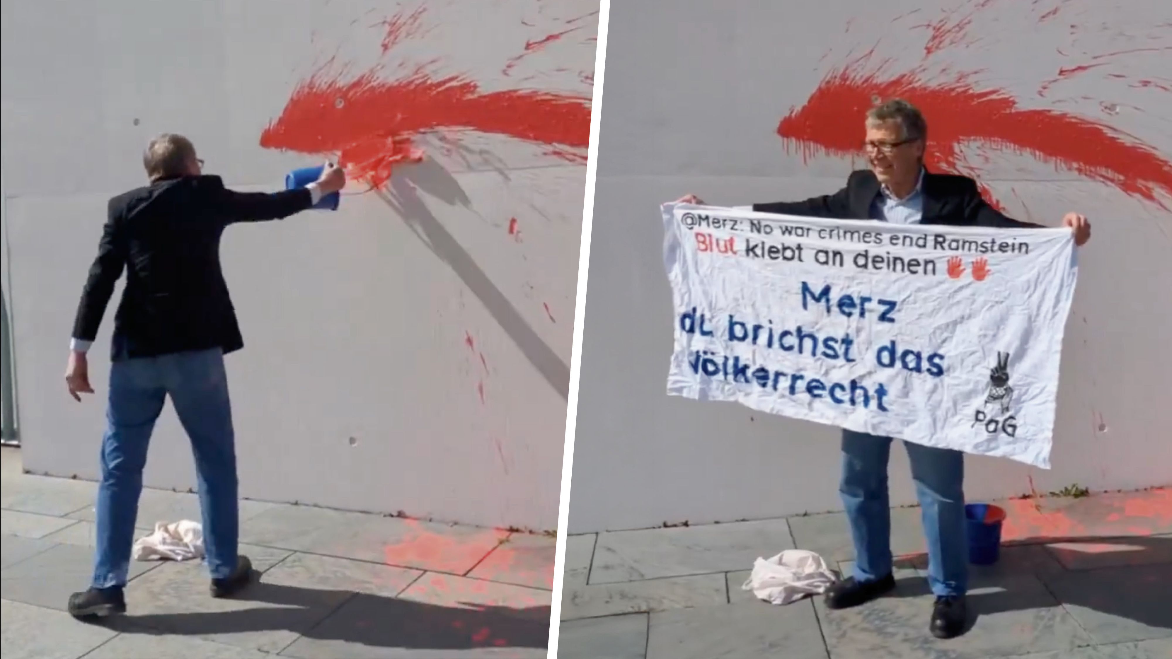 Der deutsche Aktivist Ernst H. (76) bei einer Protestaktion vor dem Berliner Kanzleramt am 7. April 2026