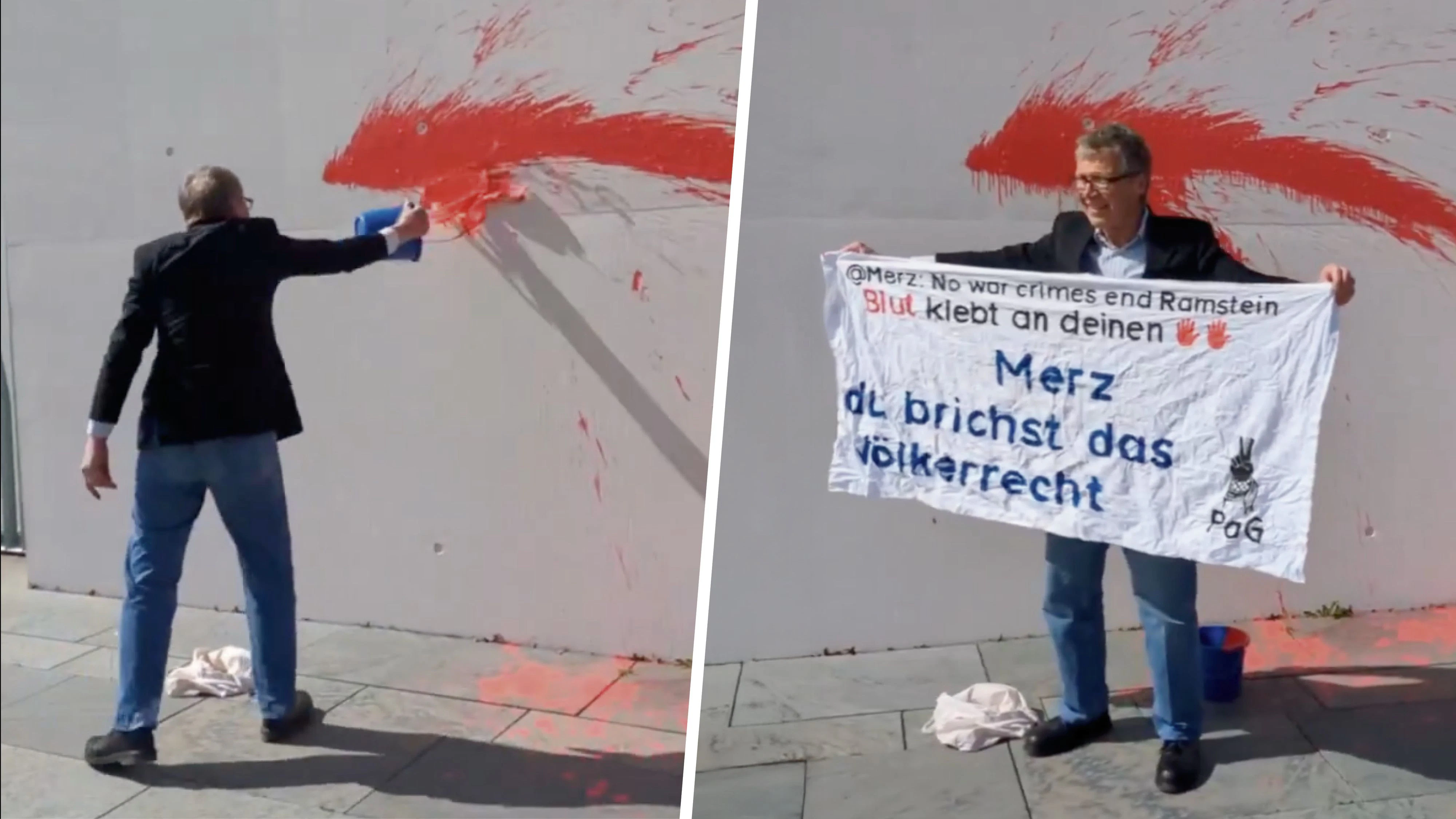 Der deutsche Aktivist Ernst H. (76) bei einer Protestaktion vor dem Berliner Kanzleramt am 7. April 2026