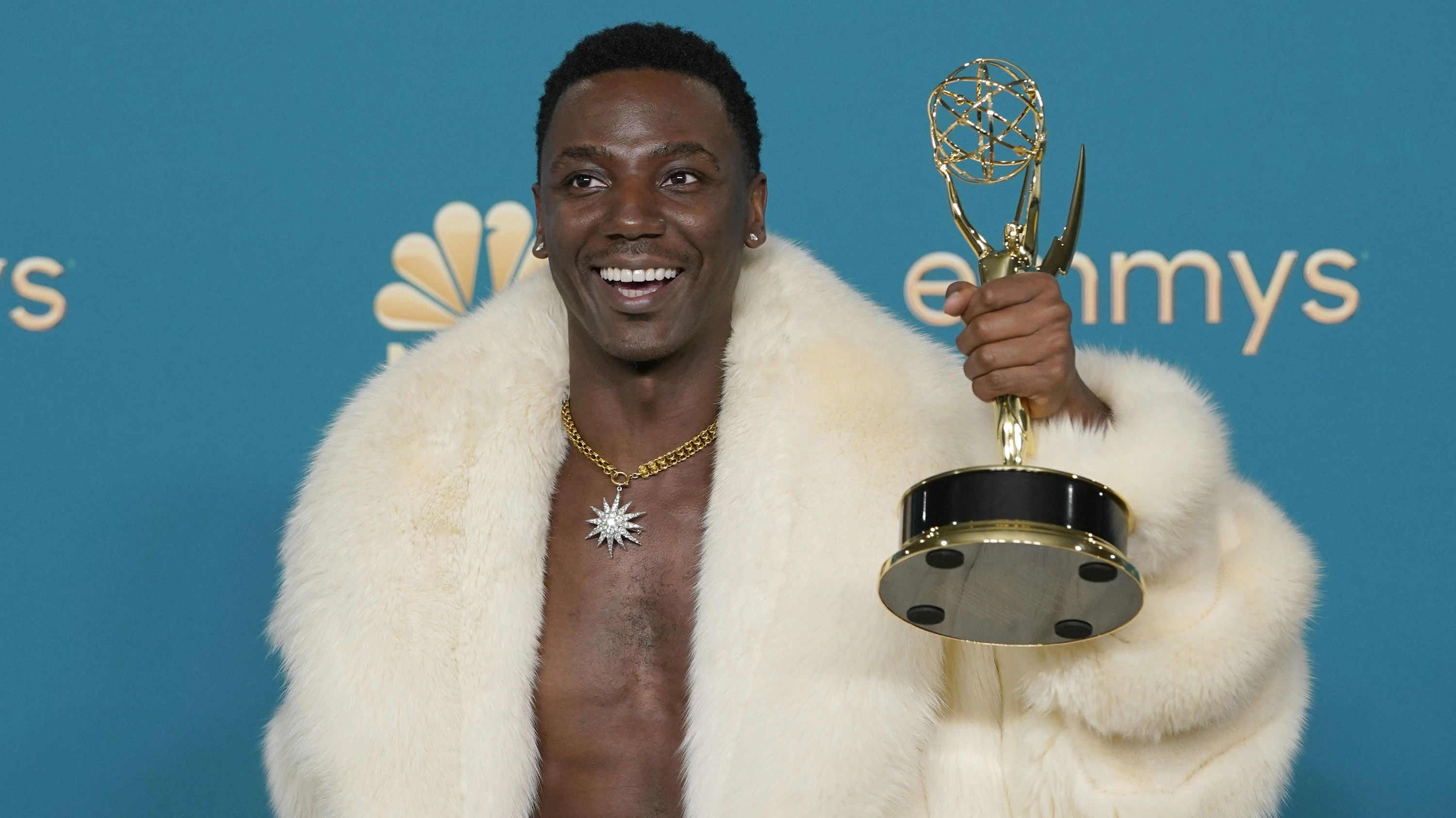 Jerrod Carmichael, winner for outstanding writing for a variety special for "Jerrod Carmichael: Rothaniel", poses in the press room at the 74th Primetime Emmy Awards on Monday, Sept. 12, 2022, at the Microsoft Theater in Los Angeles. (AP Photo/Jae C. Hong)