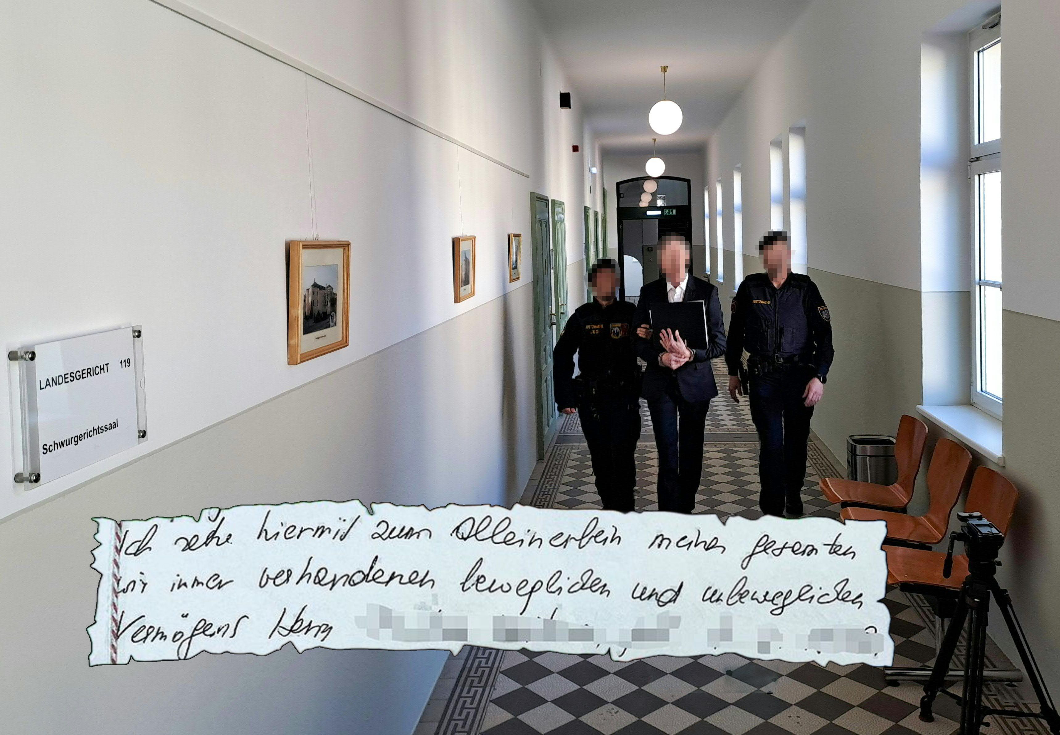 Der angeklagte Winzer wird von Polizisten in den Gerichtssaal geführt - im Prozess geht es um eine tödliche Nacht und ein umstrittenes Schriftstück.